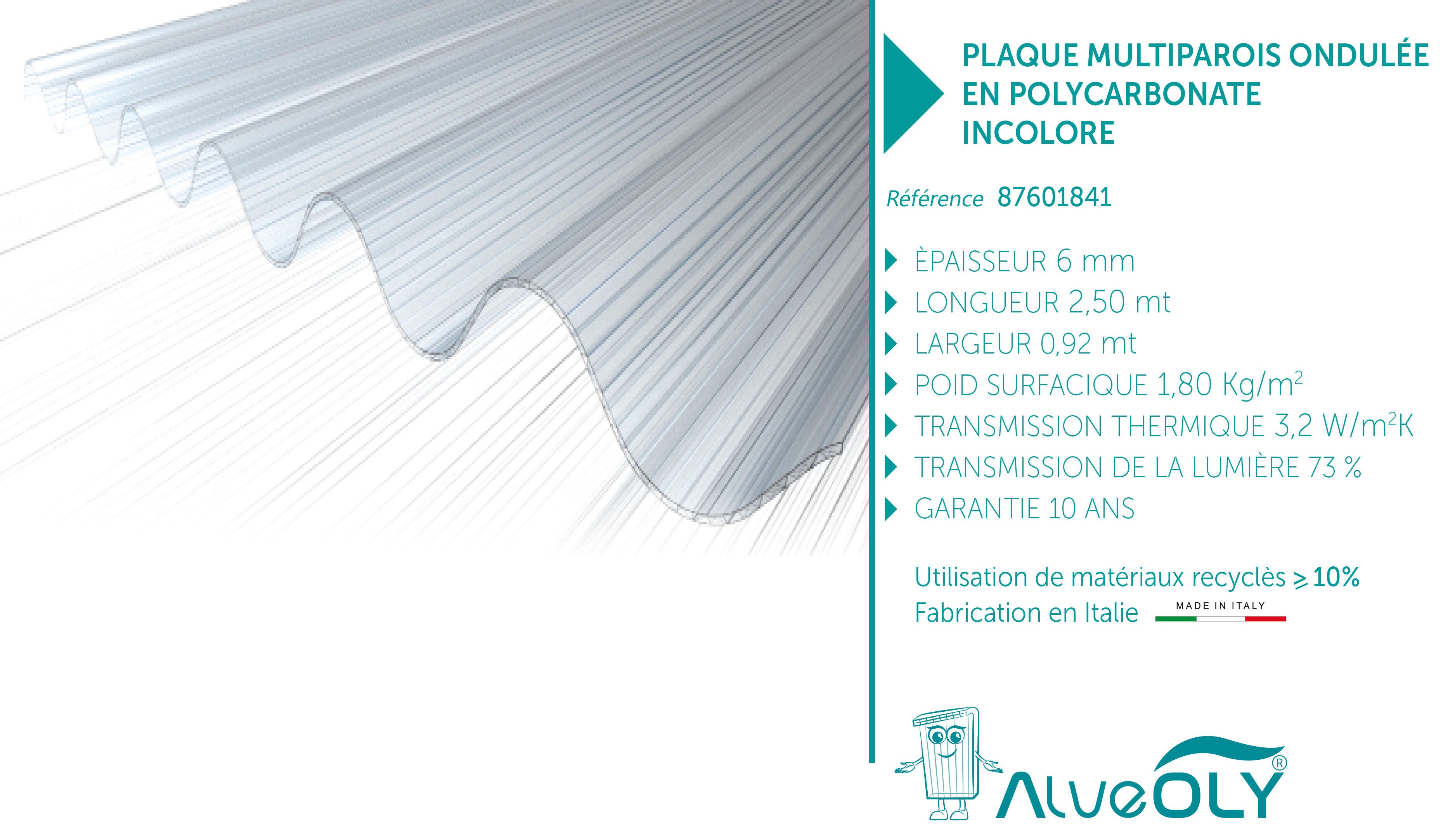 Plaque polycarbonate l.0,92 x L.2,52m, ep.6 mm, 1.8KG/M2 3 parois clair, ALVEOLY - 6