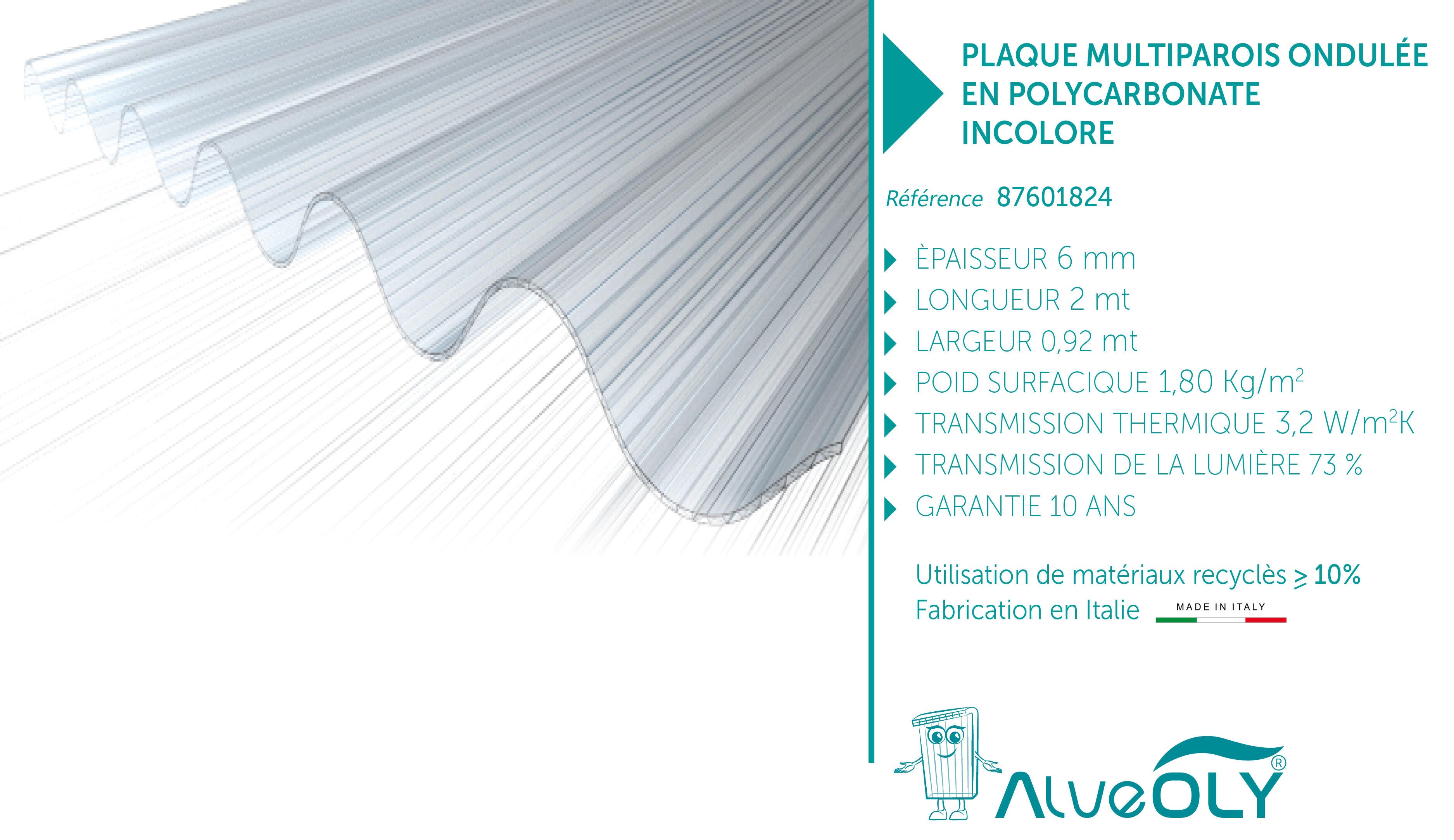 Plaque polycarbonate l.0,92 x L.2,02m, ep.6 mm, 1.8KG/M2 3 parois clair, ALVEOLY - 6