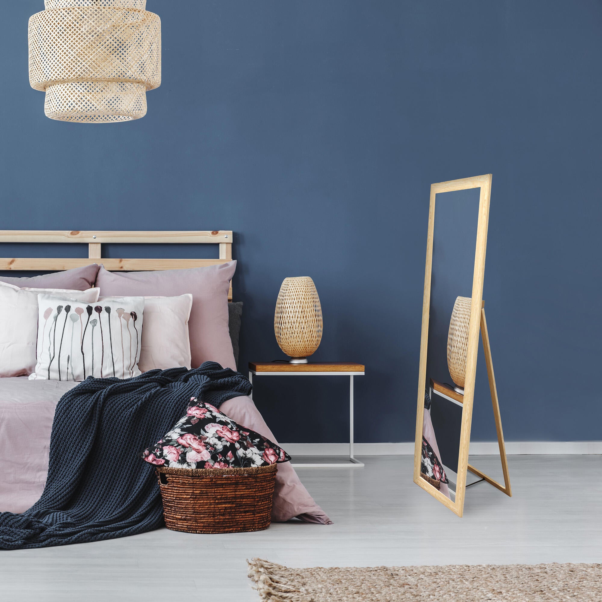 Espejo enmarcado con pie (suelo) rectangular madera miel brillante de 39 x 150 cm - 2