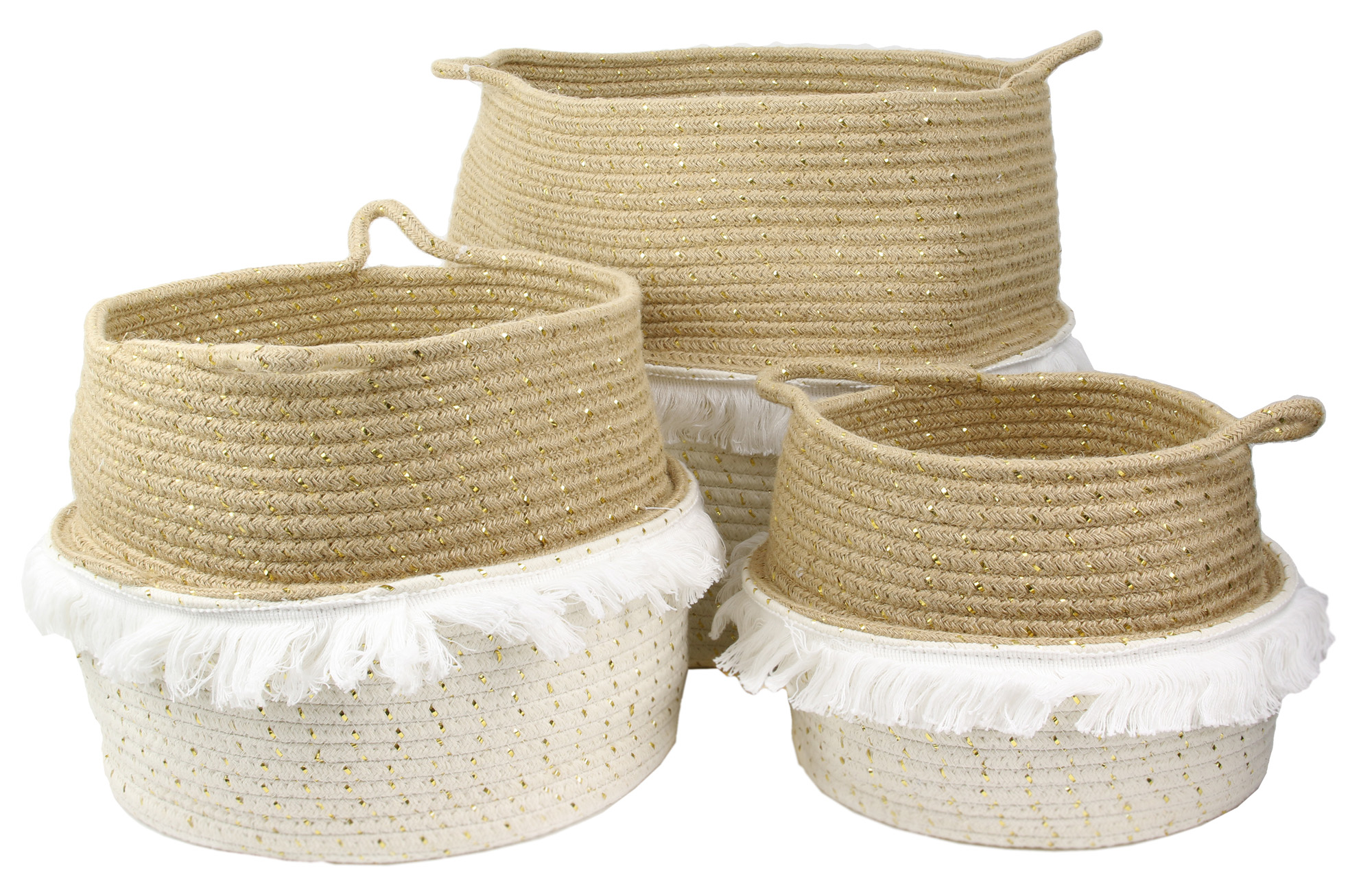 Set 3 cestas thai fleco de color marrón para almacenaje