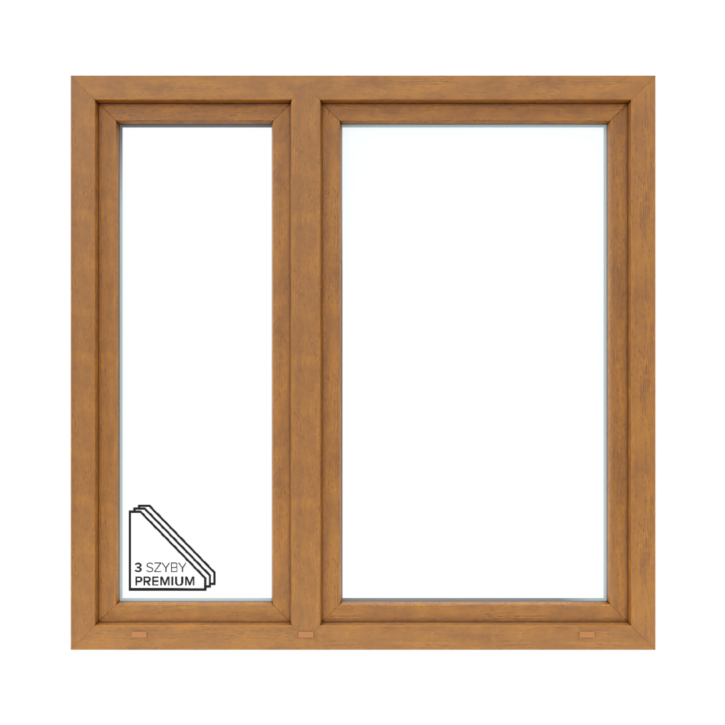 Okno PCV 3-szybowe fasadowe O34/85 złoty dąb 1465x1435 mm otwierane do wewnątrz prawe Witraż