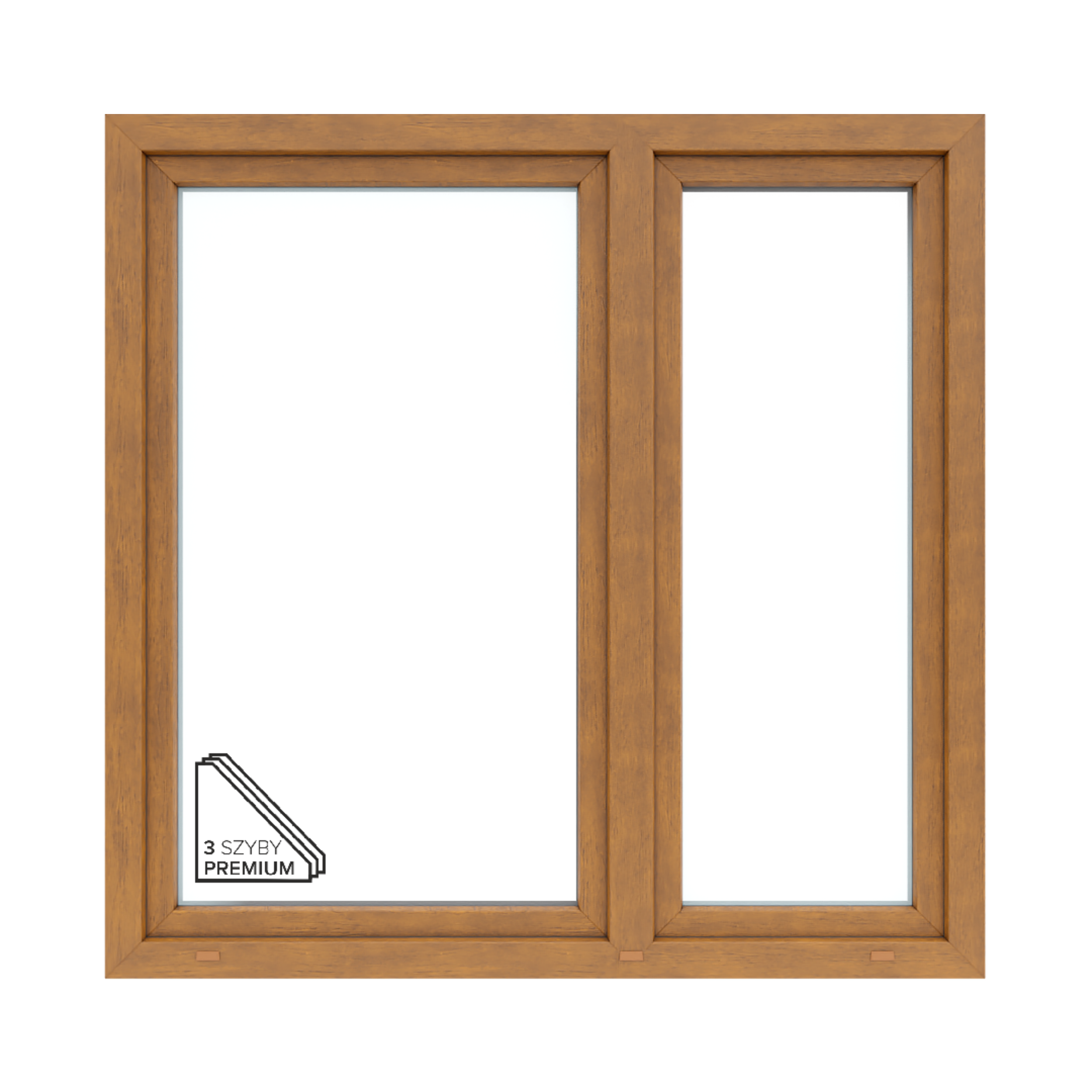 Okno PCV 3-szybowe fasadowe O35/85 złoty dąb 1465X1435 mm otwierane do wewnątrz lewe Witraż