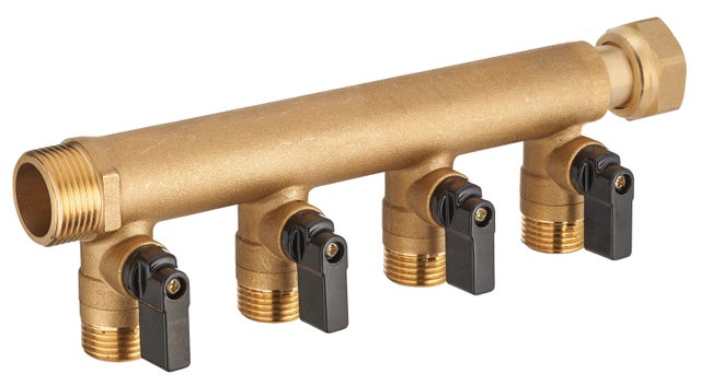 Collecteur à écrou libre M/F 20x27, 4 départs + vannes M15x21