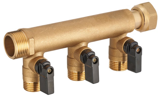 Collecteur à écrou libre M/F 20x27, 3 départs + vannes M15x21