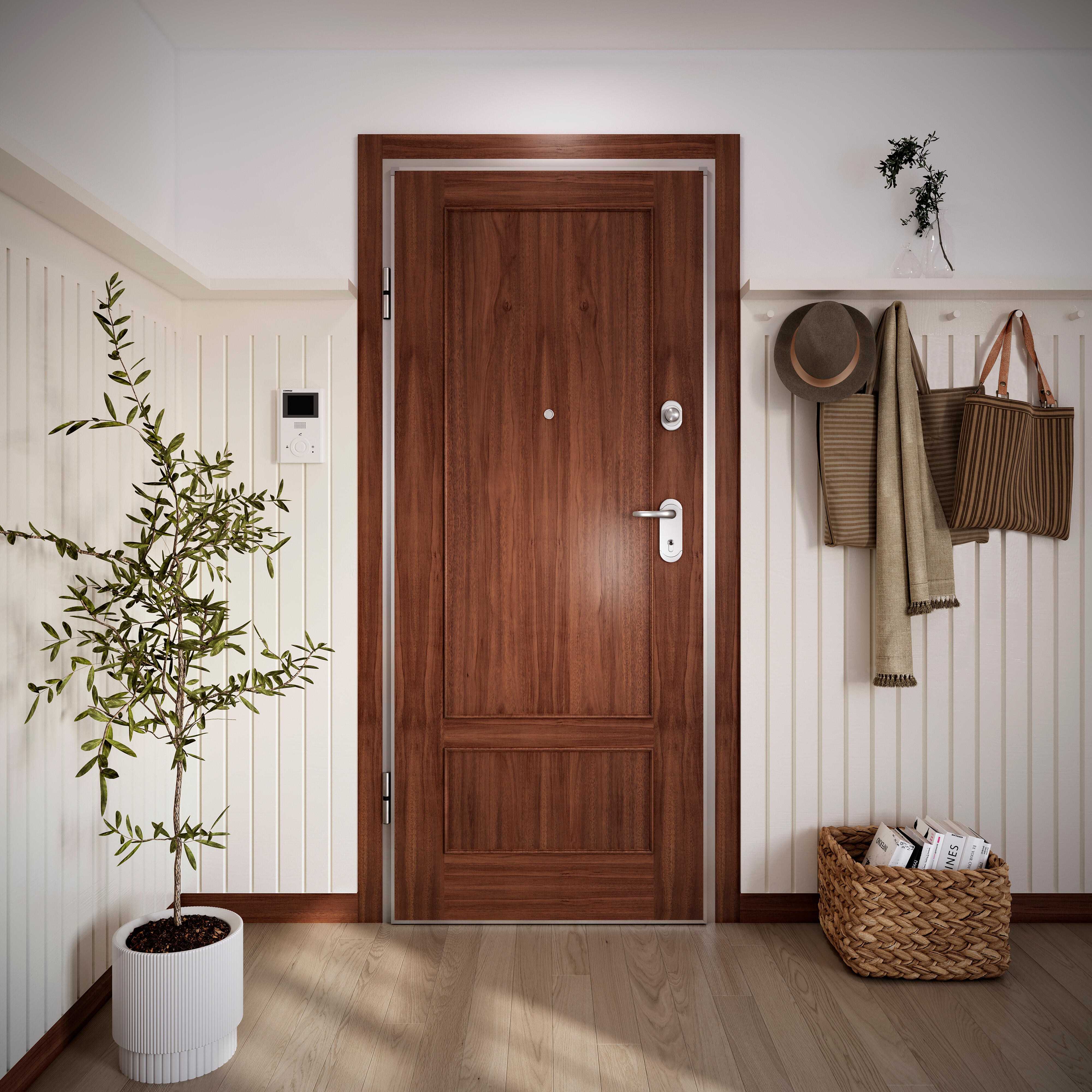 Puerta de entrada acorazada serie omega liso roble / interior atenas provenzal roble apertura derecha 204x84cm