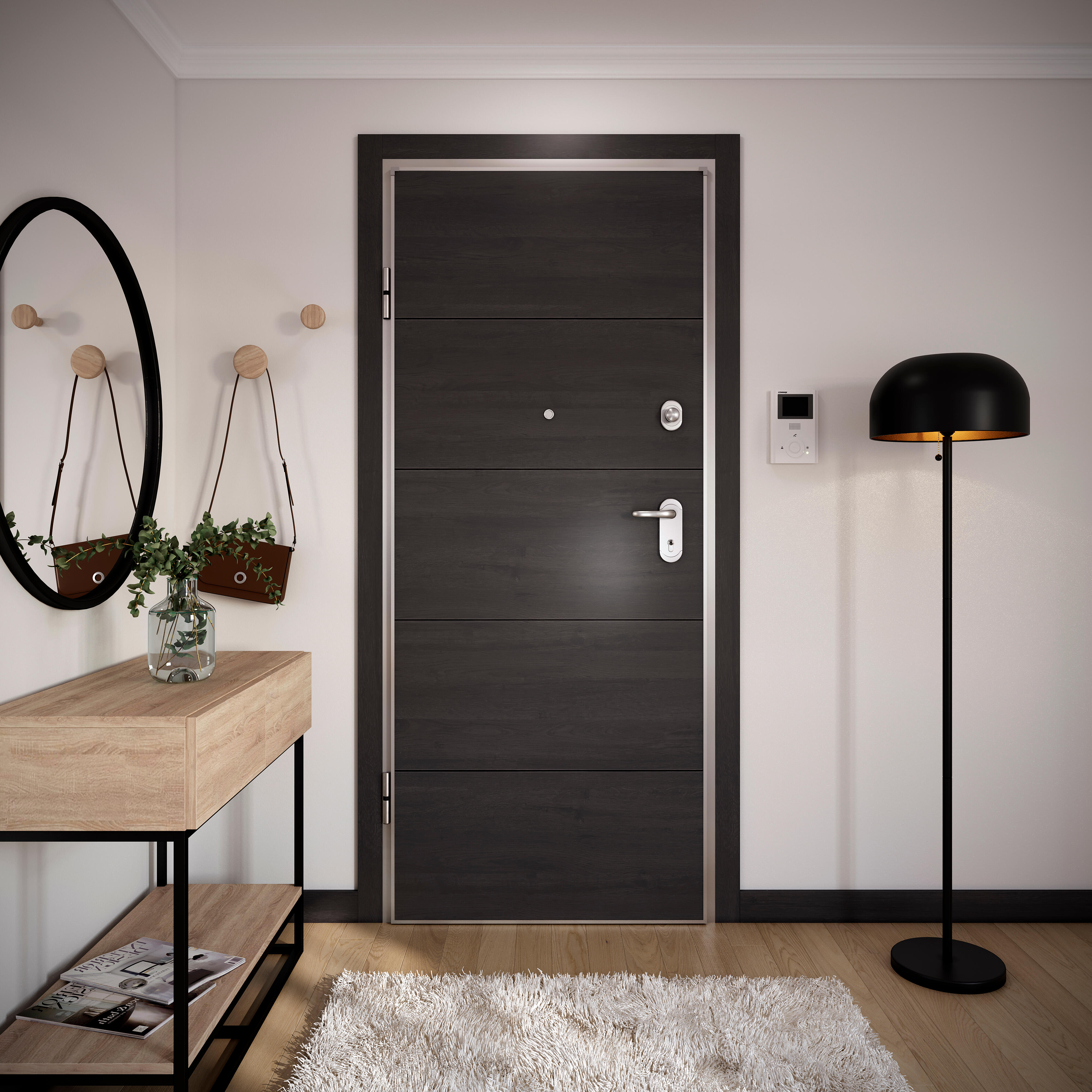 Puerta de entrada acorazada serie omega fresada blanco / interior berna azabache fresada wengué apertura izquierda 204x84cm