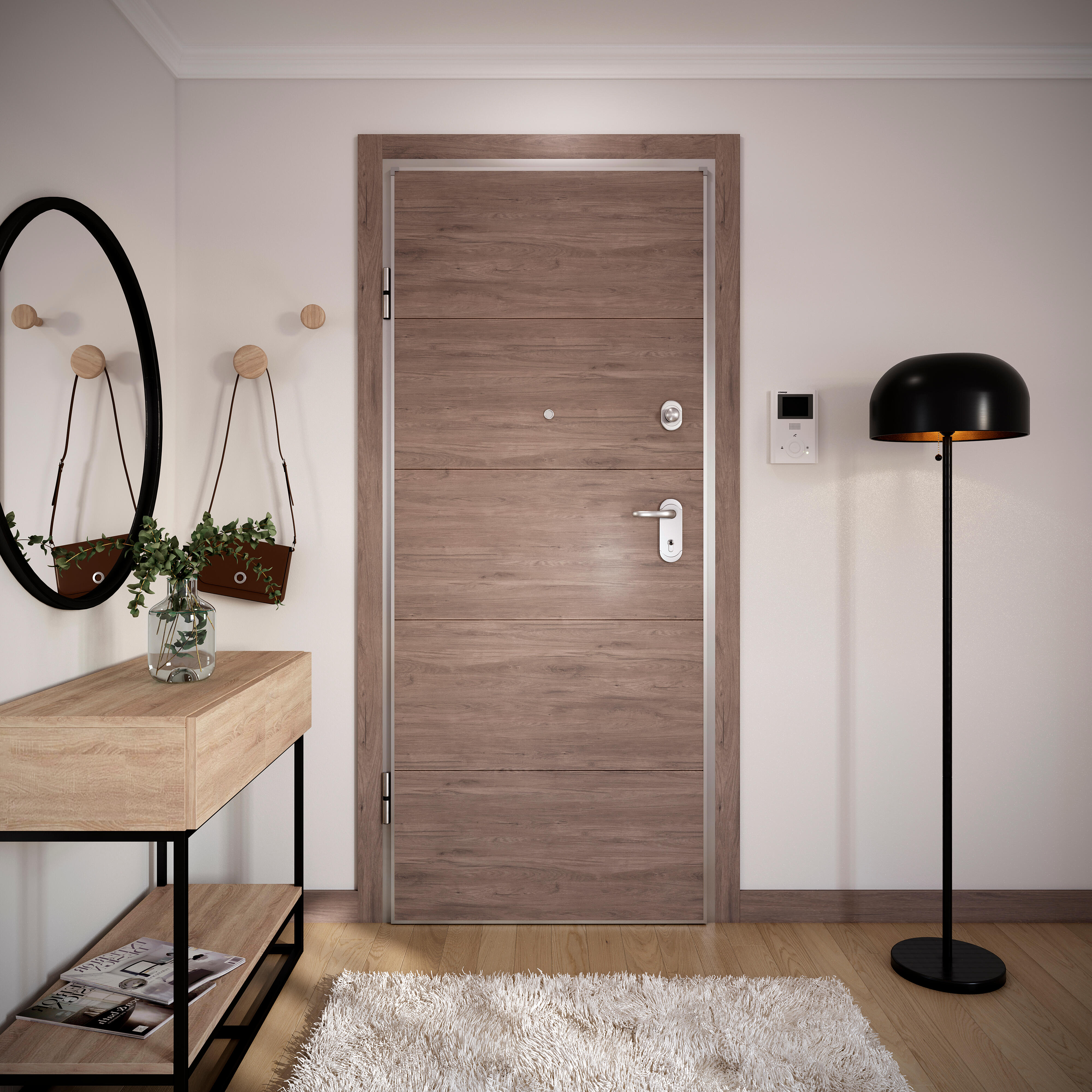Puerta de entrada acorazada serie omega dos cuadros sapelly / interior berna fresada roble gris apertura izquierda 204x84cm