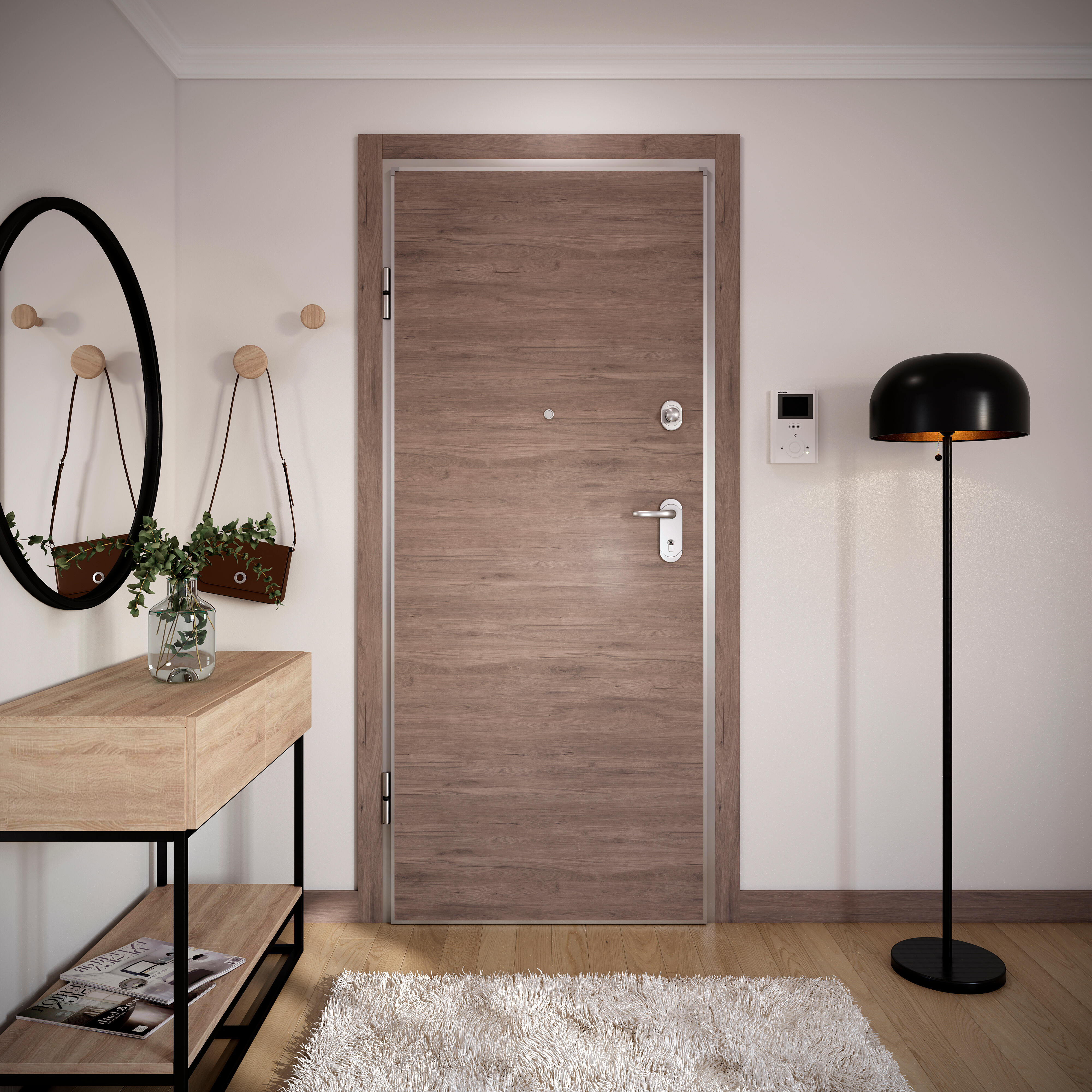 Puerta de entrada acorazada serie omega liso roble / interior oslo liso roble gris apertura derecha 204x84cm