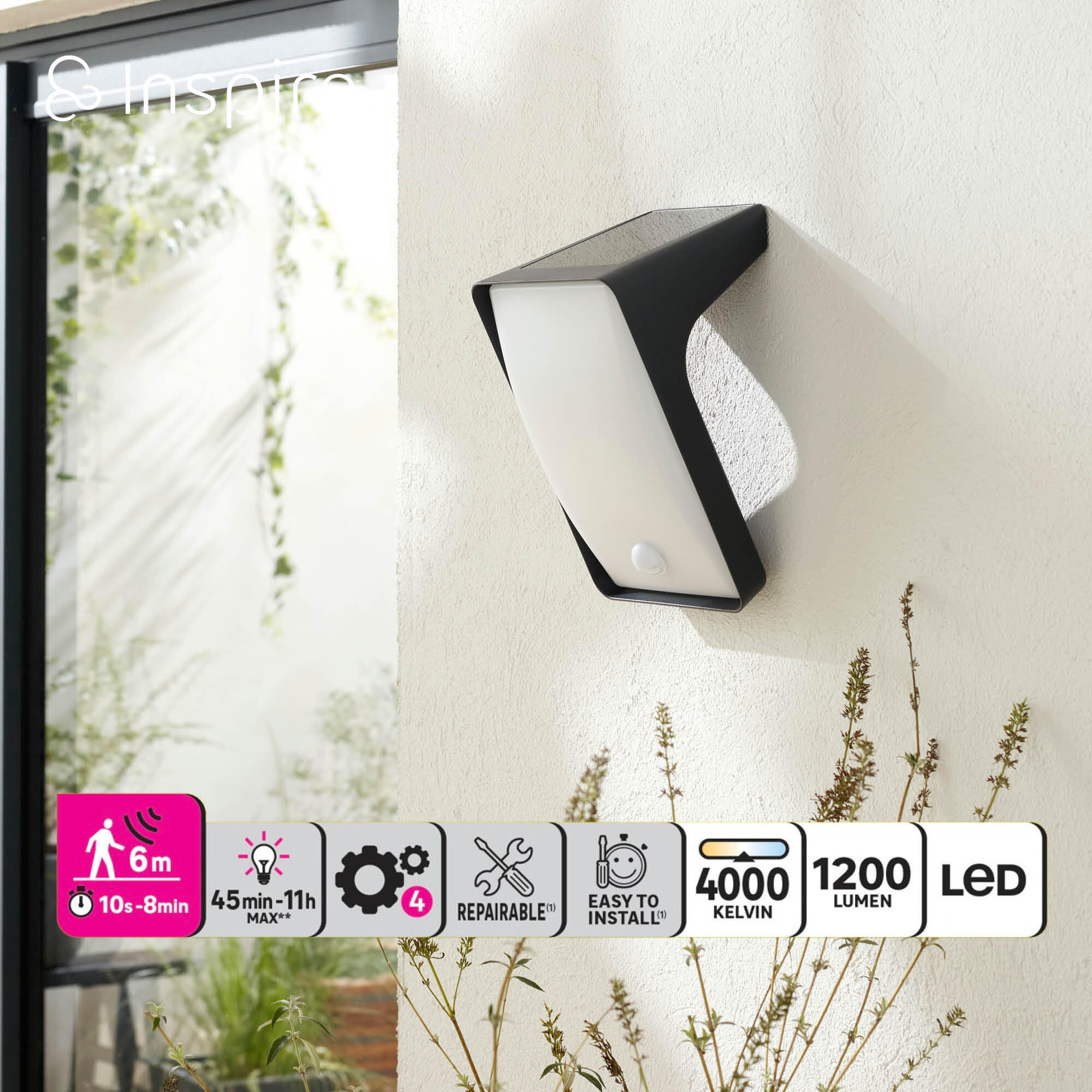 Applique solaire avec détecteur Algoa 1200 Lumen, blanc neutre, noir INSPIRE - 2
