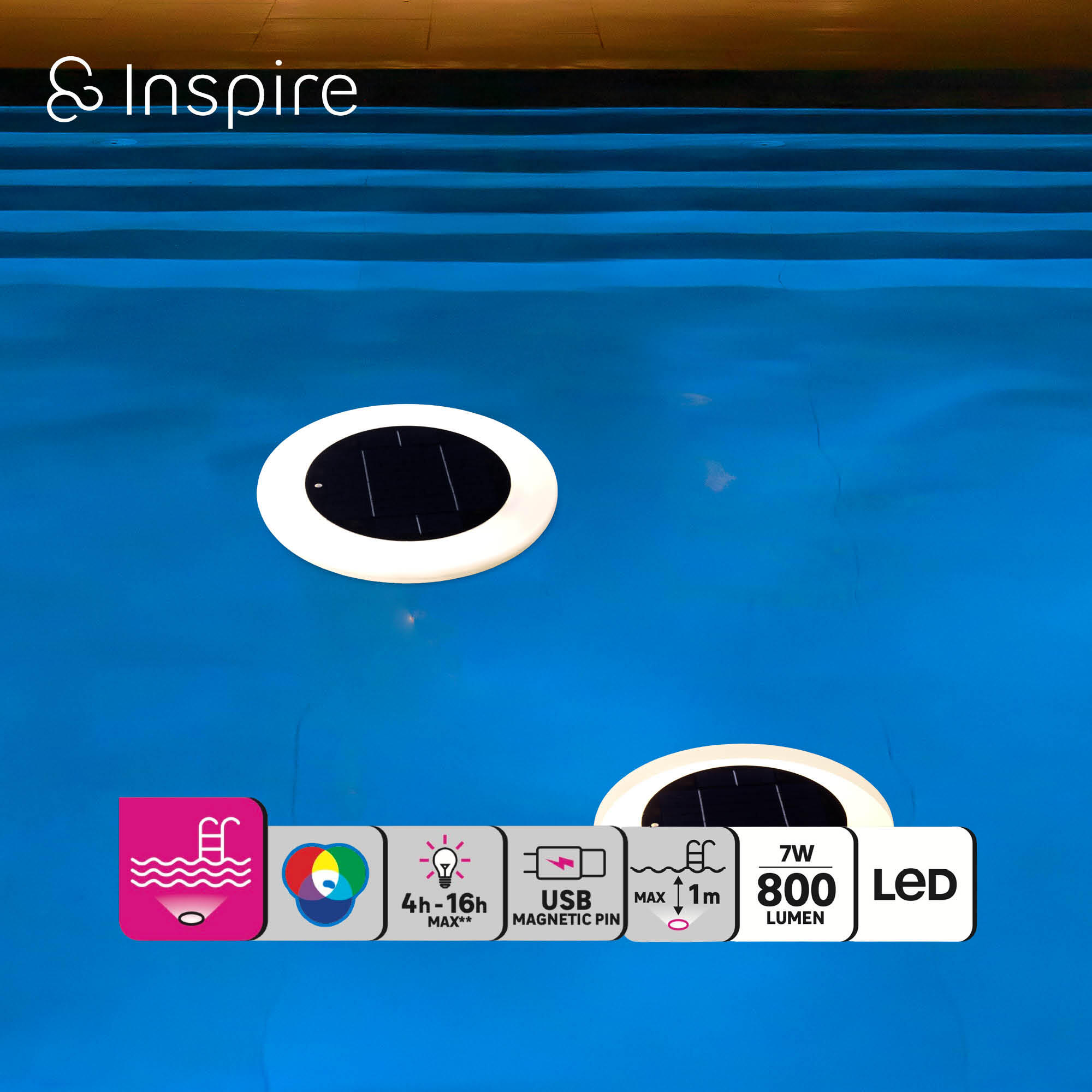 Luz piscina Pileta USB 30 cm 800 LM RGB IP68 Inspire - 9