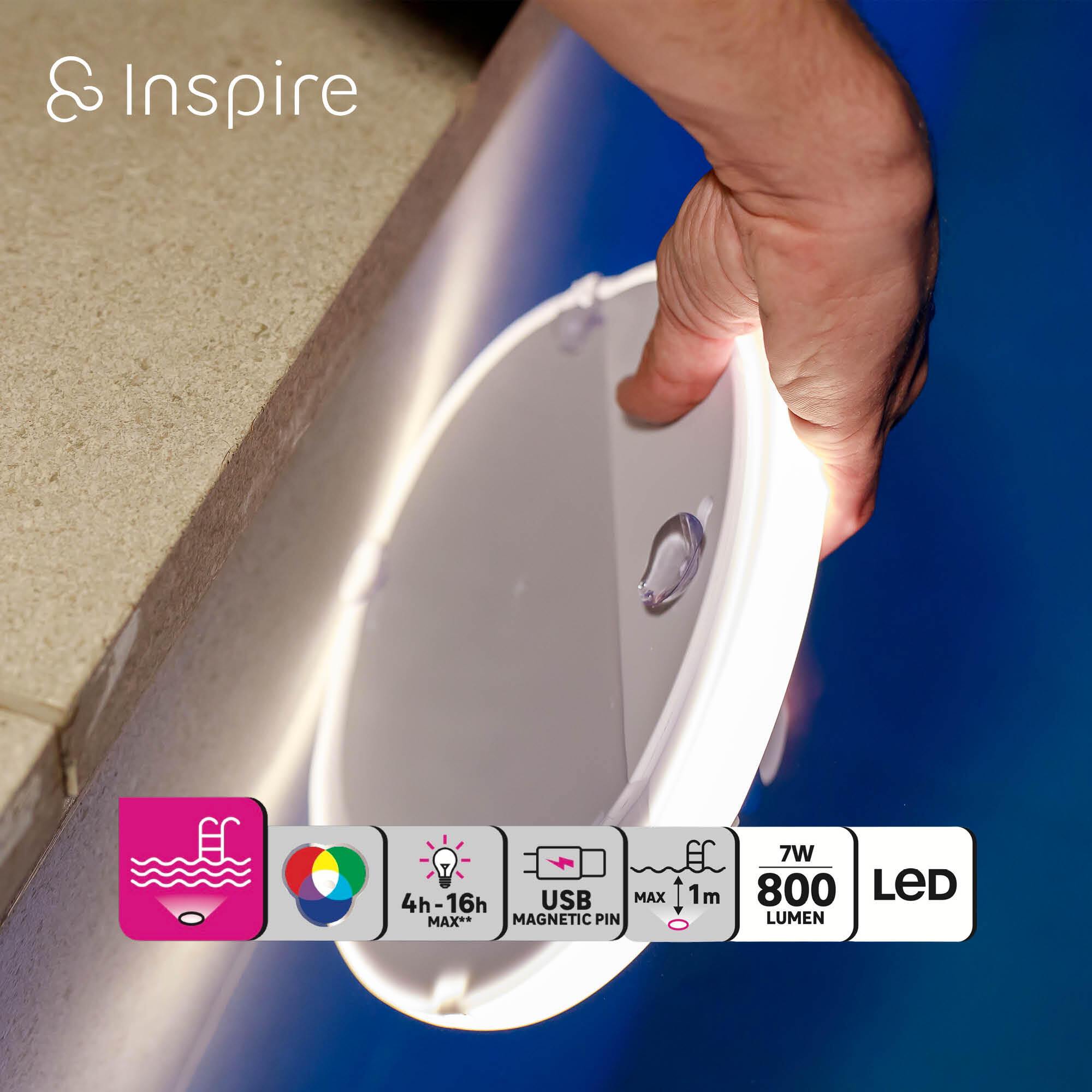 Luz piscina Pileta USB 30 cm 800 LM RGB IP68 Inspire - 8
