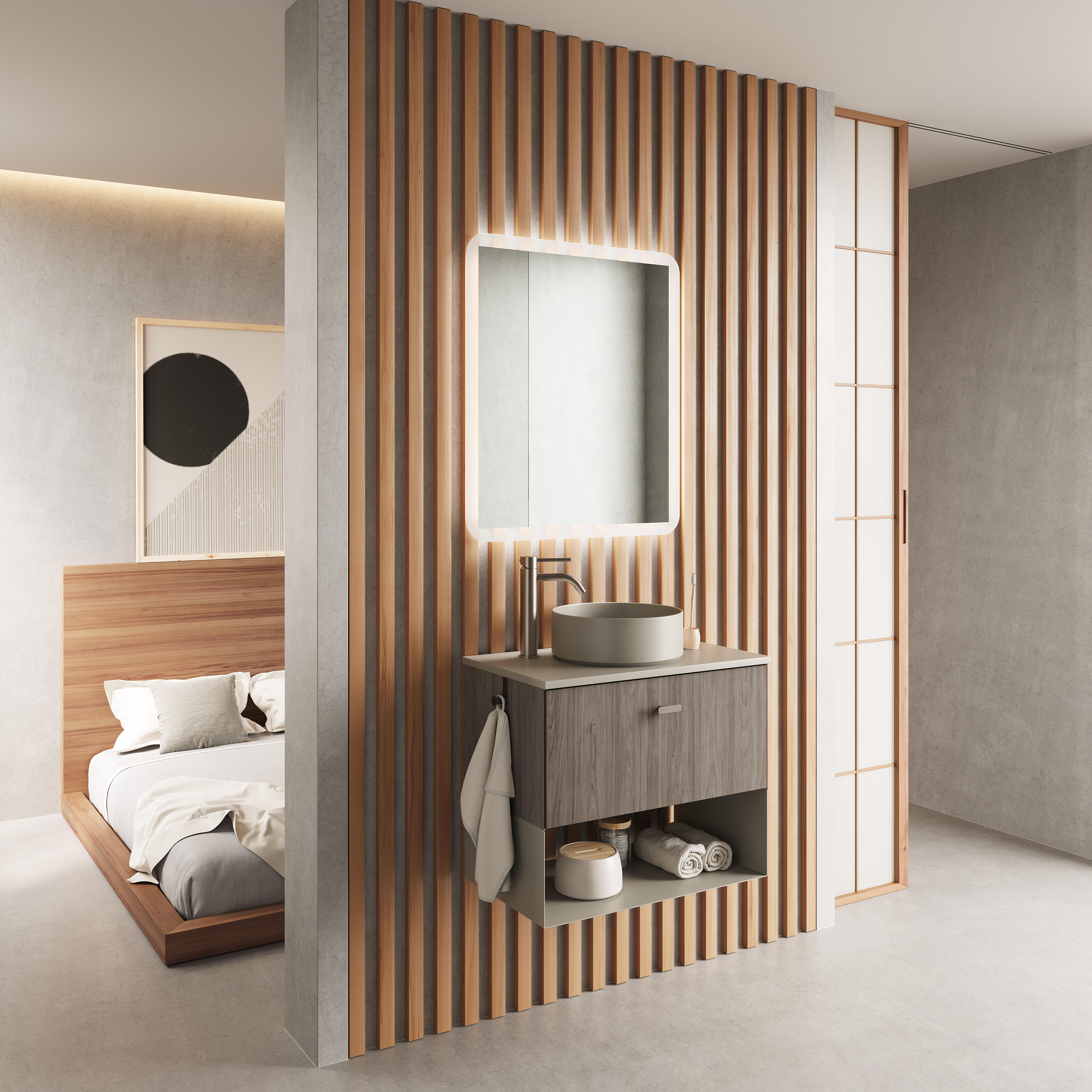 Mueble de baño con lavabo y espejo mei top roble gris 50x35 cm