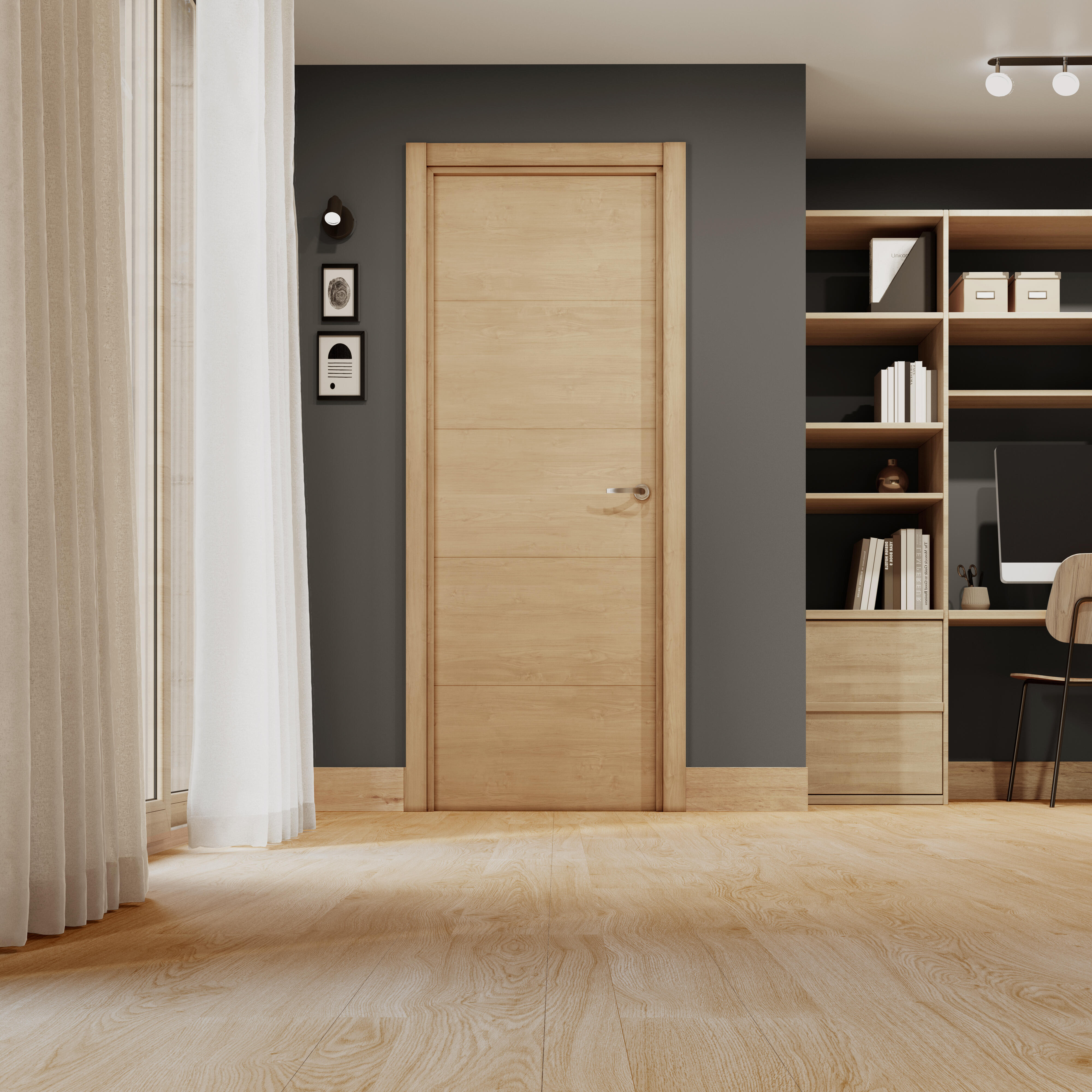 Puerta de interior abatible ciega maciza acabado laminado Line Berna Roble miel apertura derecha cerco de 7x3 anchura 72.5 cm - 2