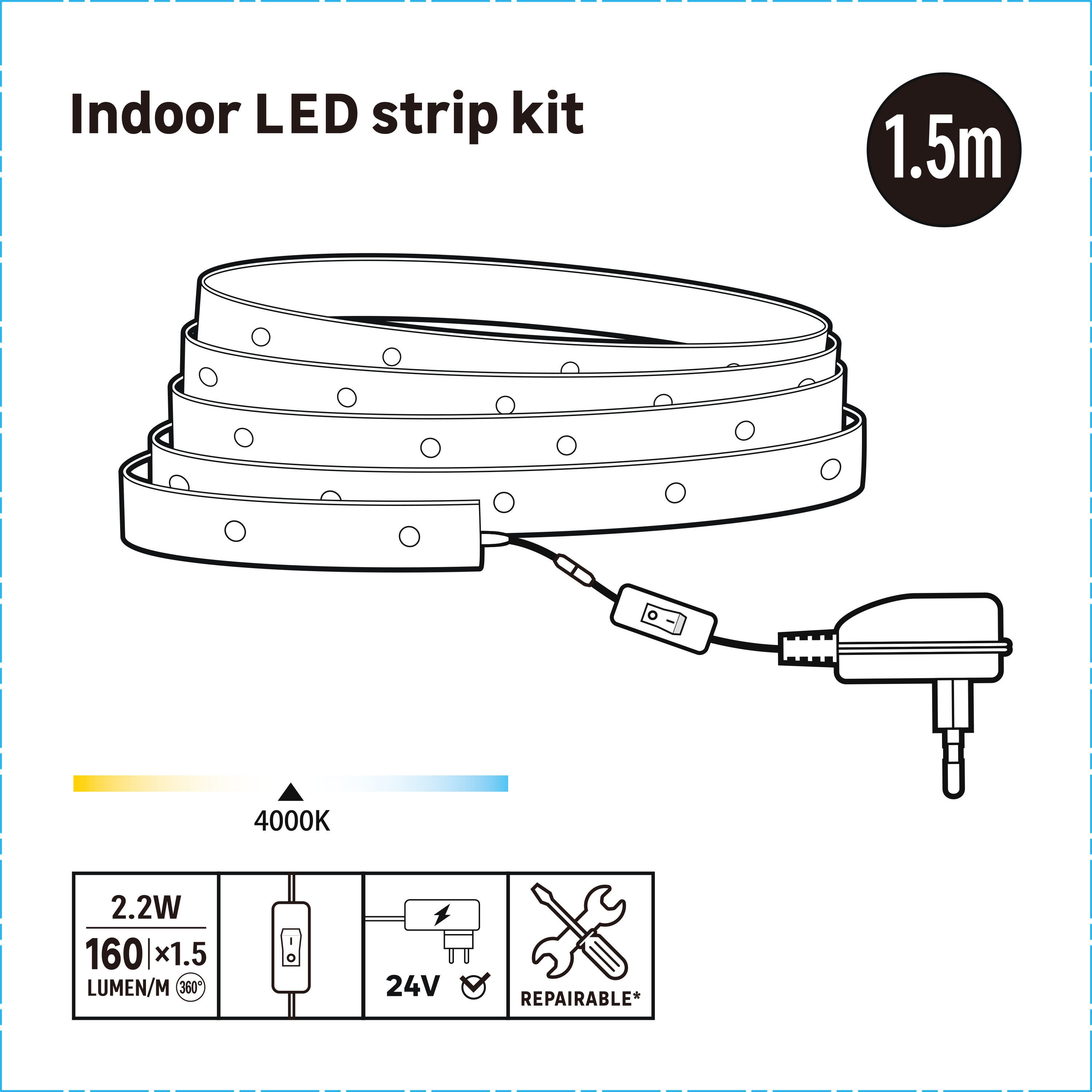 Kit tira LED 220-240V SMD 2835 IP20 apto para zonas secas 240 lm luz blanco neutro 4000K 1.5 metros corte c/25cm - 2