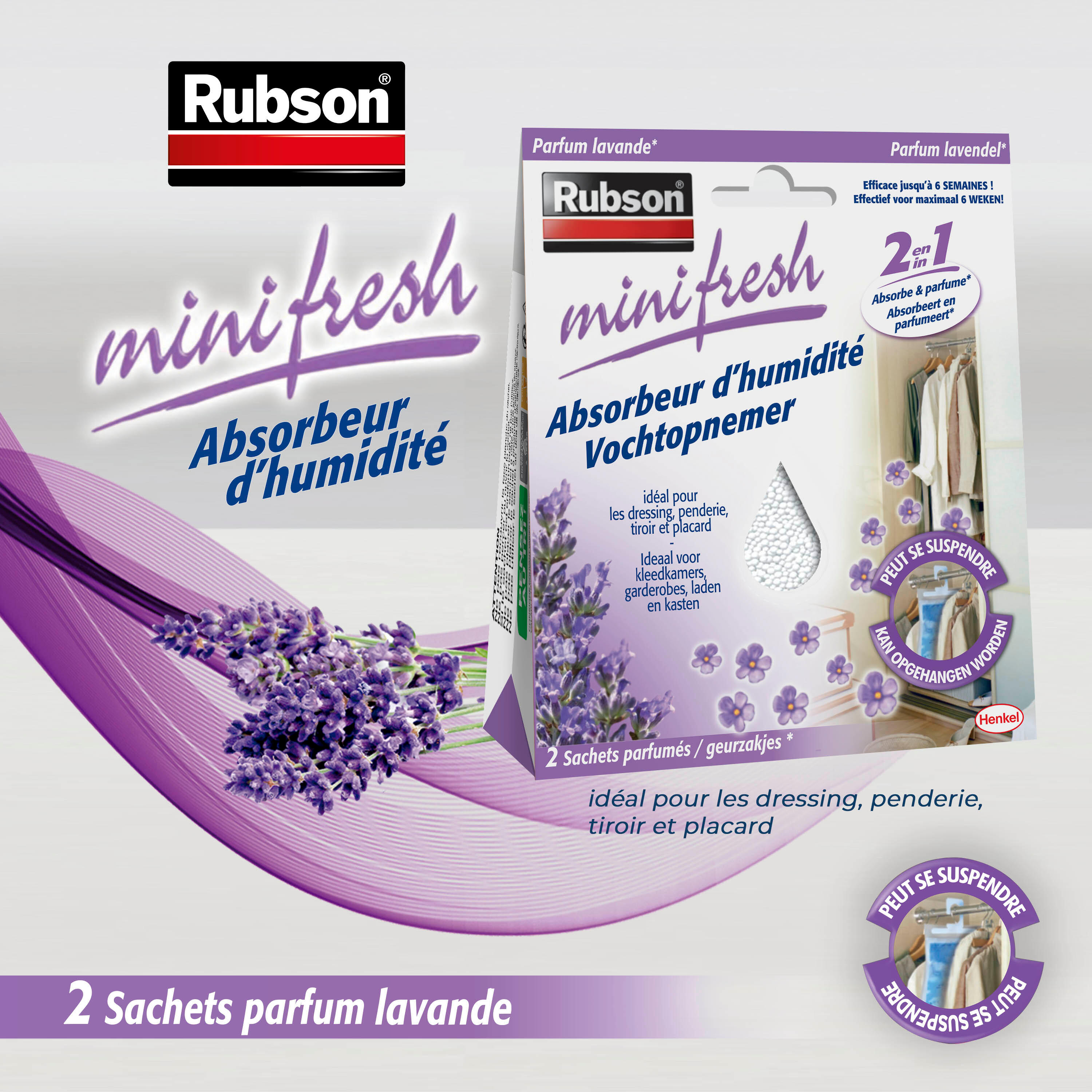 Absorbeur d'humidité RUBSON Minifresh placard lavande avec 2 recharge 100g, 2 m² - 3