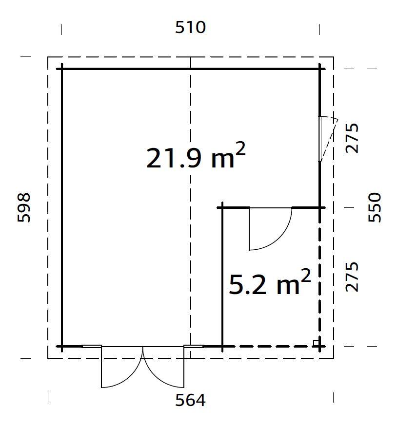 Caseta de madera CASETA IRENE 21,9+5,2 M2 de 602x321x566 cm y 34.07 m2 con 44 mm espesor y doble puerta PALMAKO - 2
