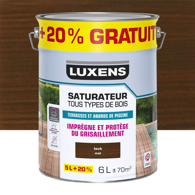 Saturateur pour bois extérieur LUXENS , teck mat 5L+20% gratuit