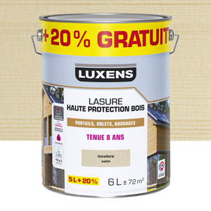 Lasure LUXENS Haute protection 8 ans incolore satiné 5L+20% gratuit