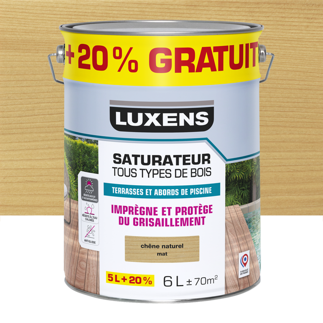 Saturateur pour bois extérieur LUXENS , chêne naturel mat 5L+20% gratuit