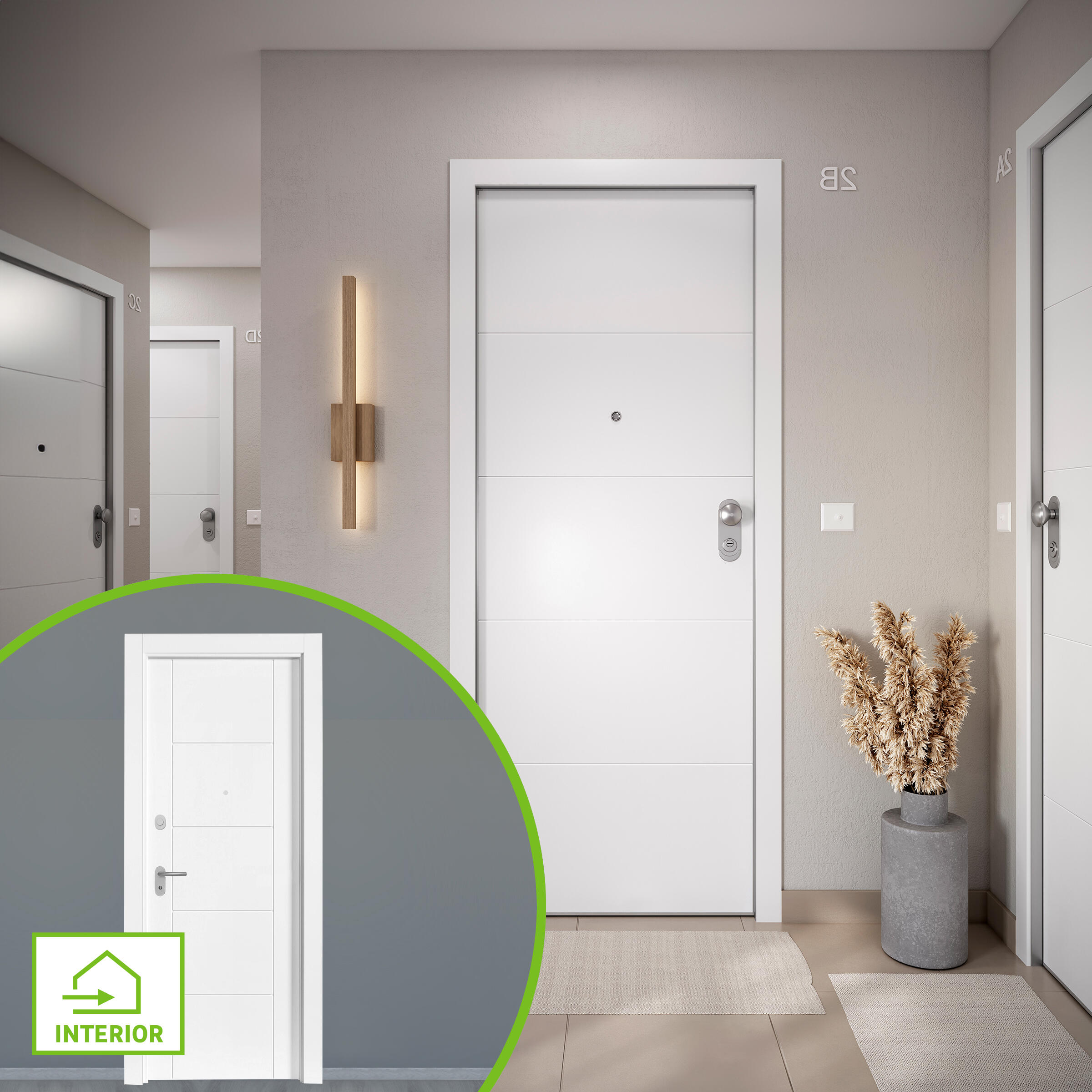 Puerta de entrada acorazada serie omega fresada blanco / interior noruega fresada blanco apertura izquierda 204x84cm