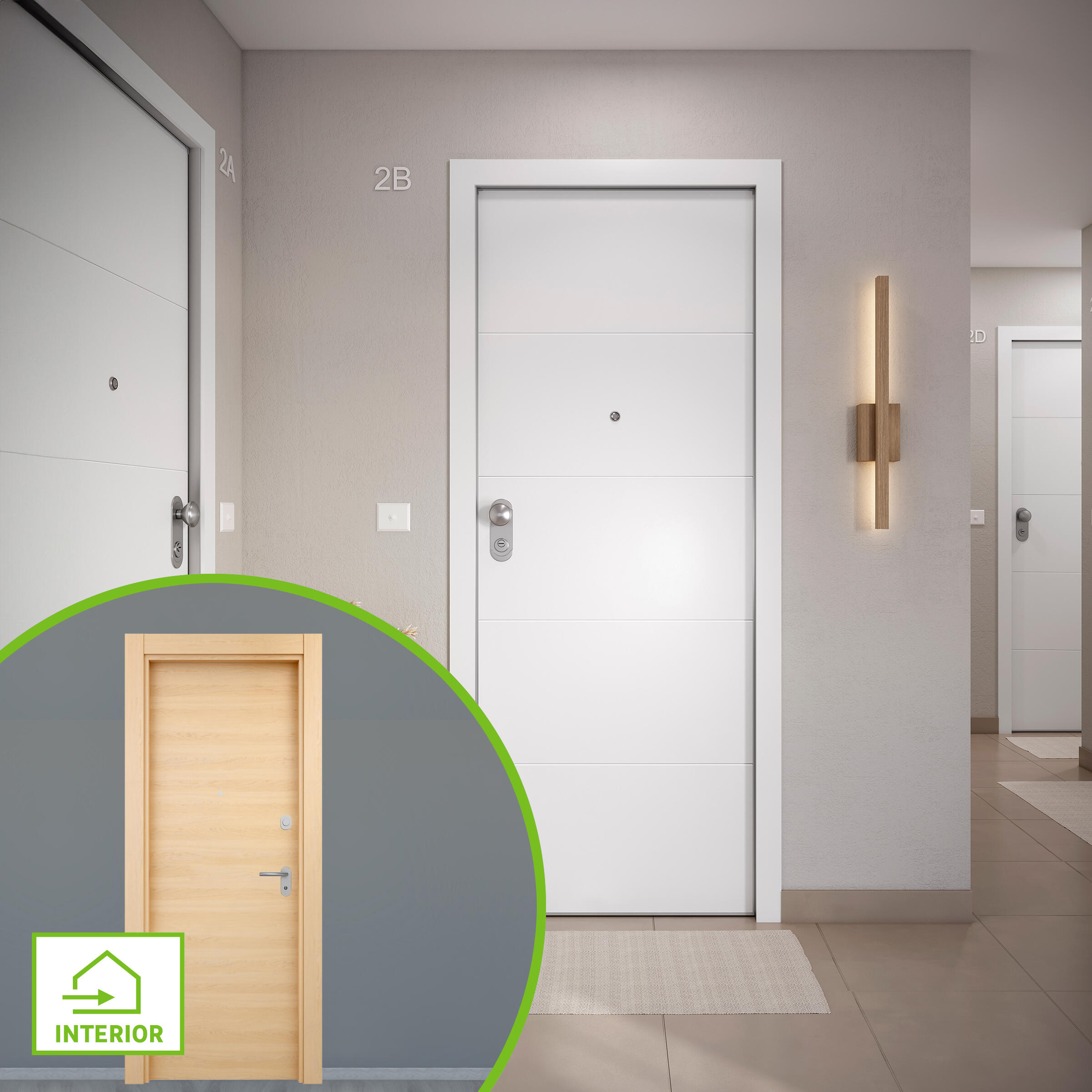 Puerta de entrada acorazada serie omega fresada blanco / interior oslo roble miel liso roble claro apertura derecha 204x84cm