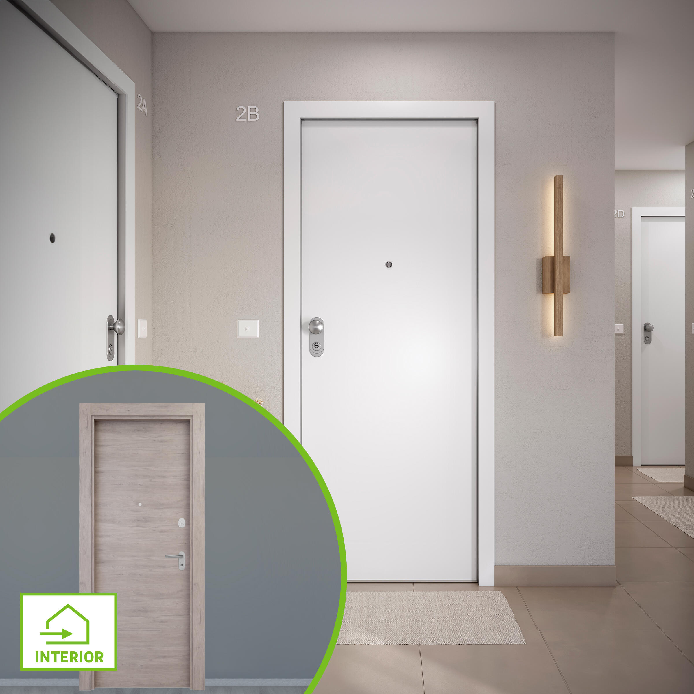 Puerta de entrada acorazada serie omega liso blanco / interior oslo liso roble gris apertura derecha 204x84cm