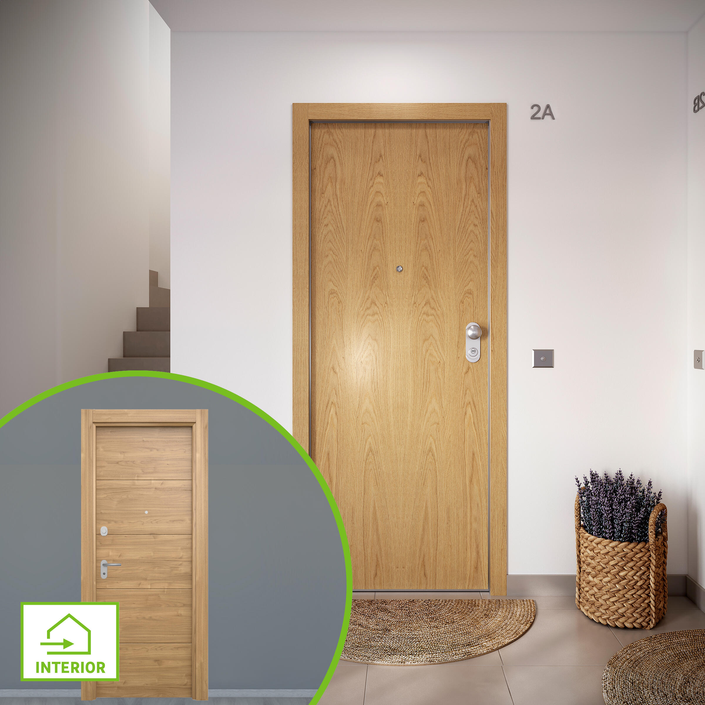 Puerta de entrada acorazada serie omega liso roble / interior berna slow fresada nogal apertura izquierda 204x84cm