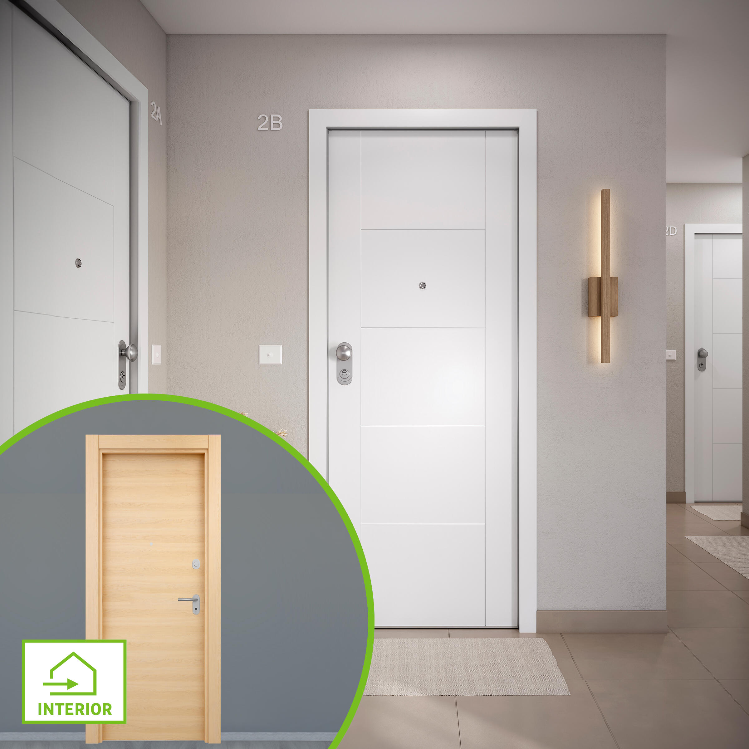 Puerta de entrada acorazada serie omega fresada blanco / interior oslo roble miel liso roble claro apertura derecha 204x84cm