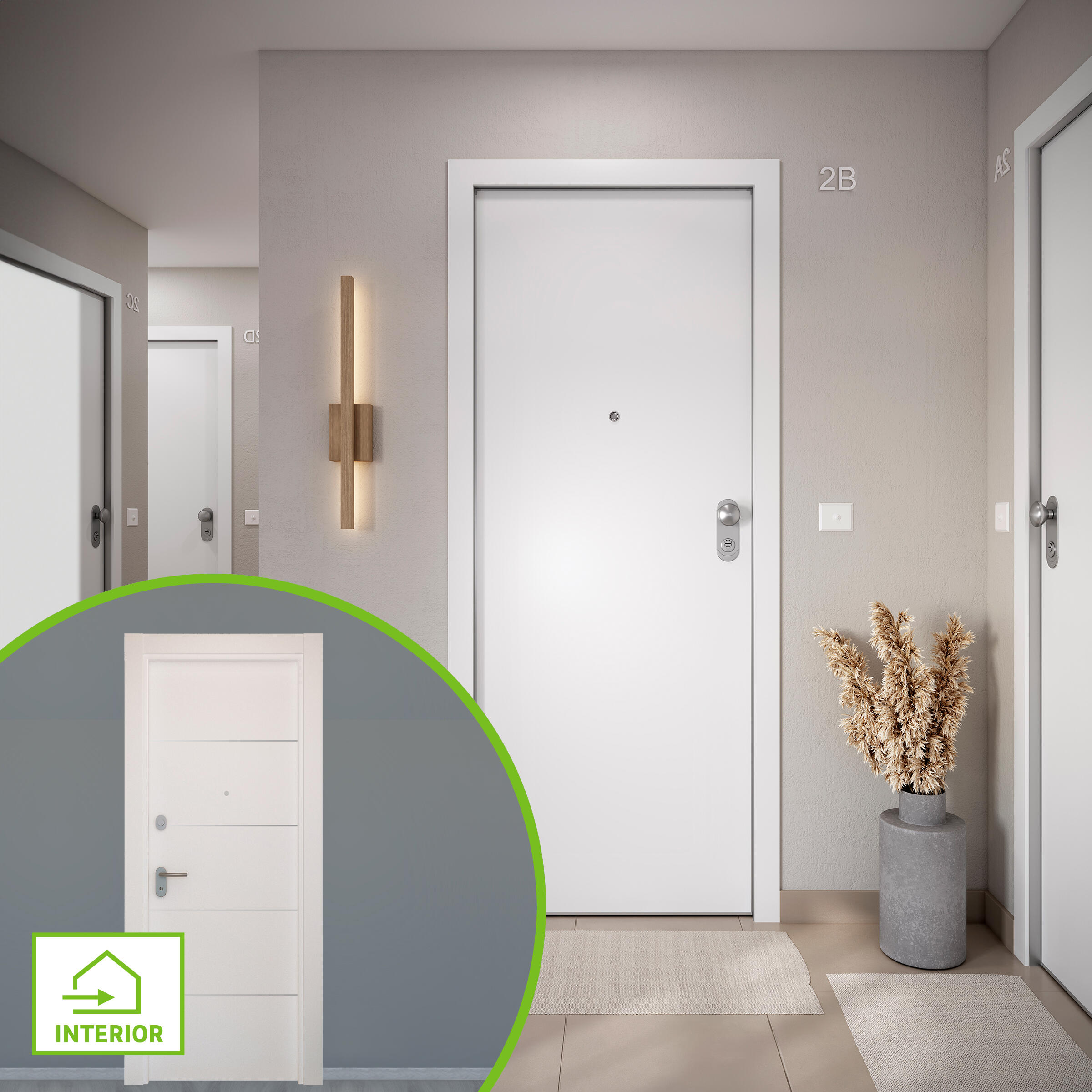 Puerta de entrada acorazada serie omega liso blanco / interior lucerna fresada blanco apertura izquierda 204x84cm