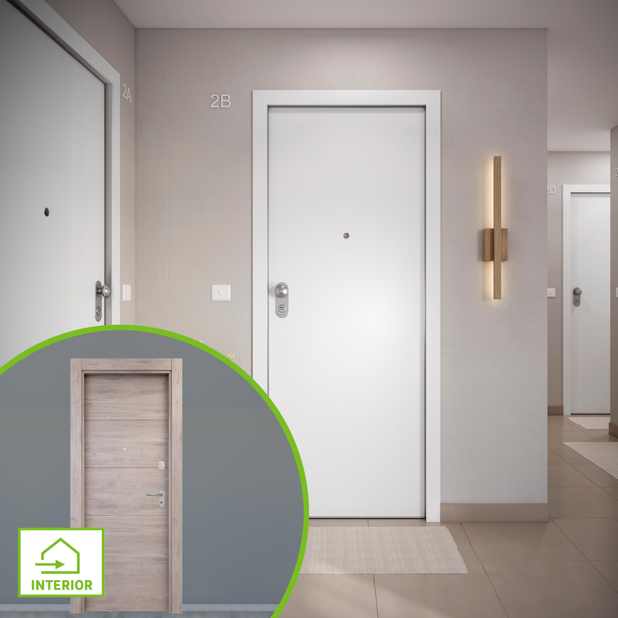 Puerta de entrada acorazada serie omega liso blanco / interior berna fresada roble gris apertura derecha 204x84cm