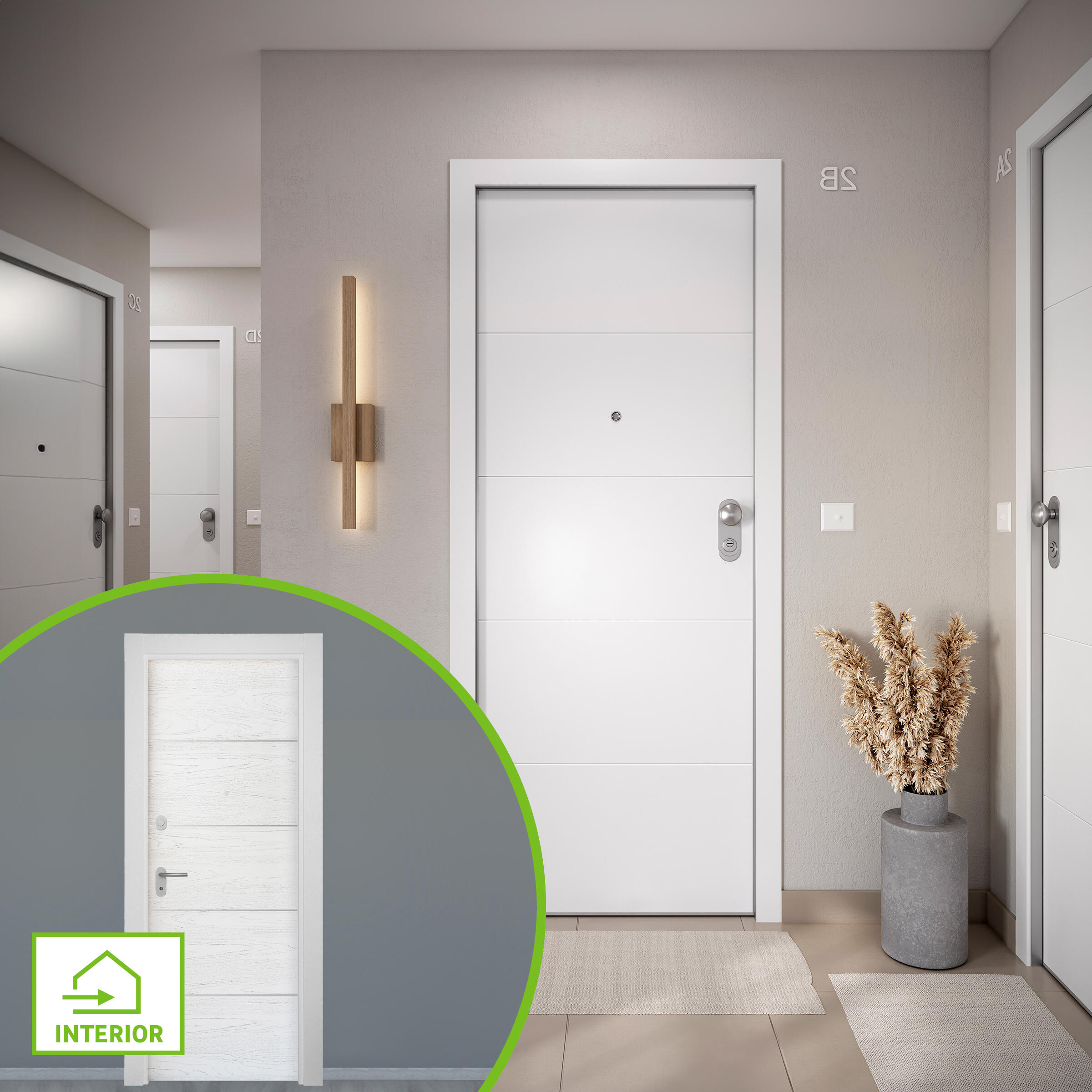 Puerta de entrada acorazada serie omega fresada blanco / interior lucerna fresada blanco apertura izquierda 204x84cm