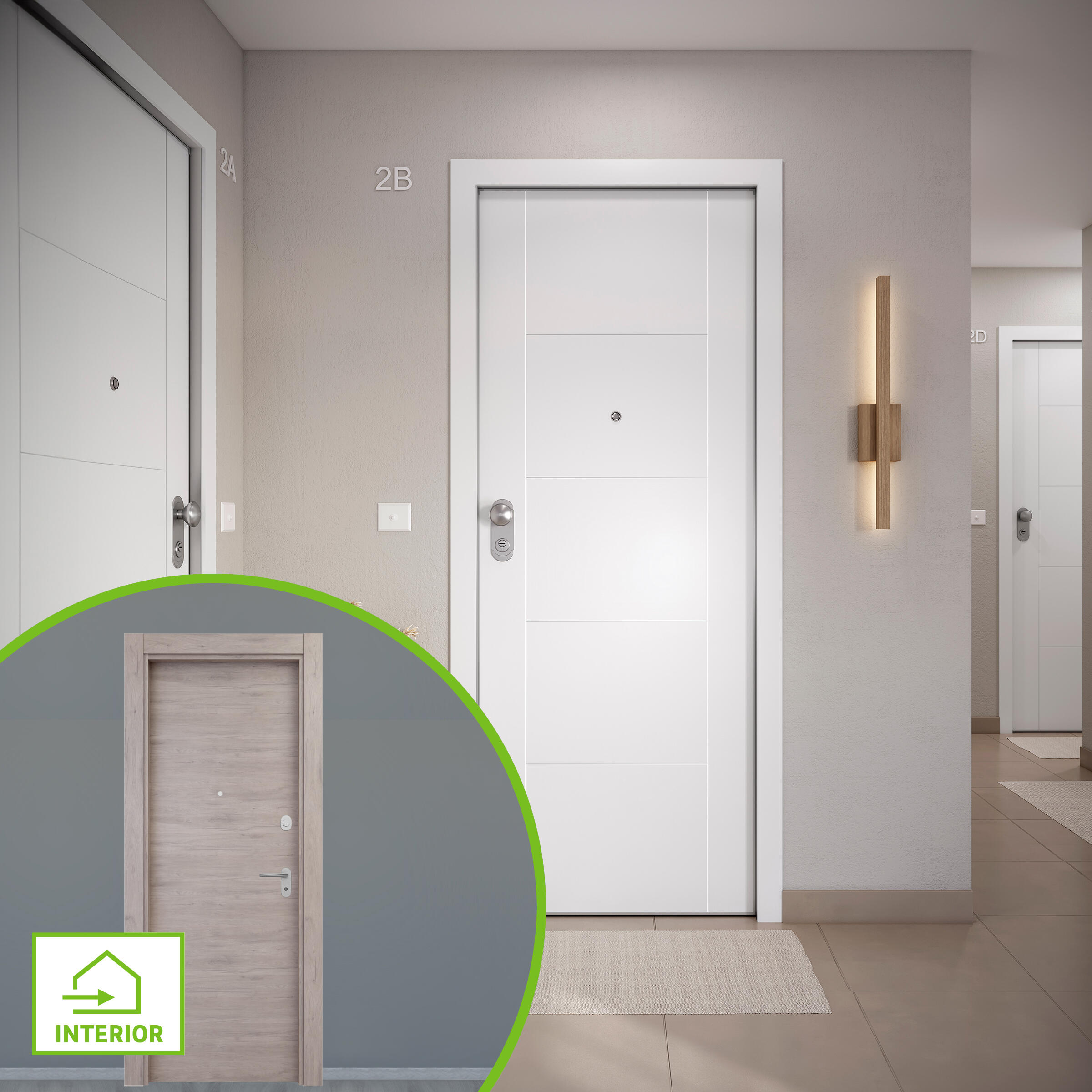 Puerta de entrada acorazada serie omega fresada blanco / interior oslo liso roble gris apertura derecha 204x84cm