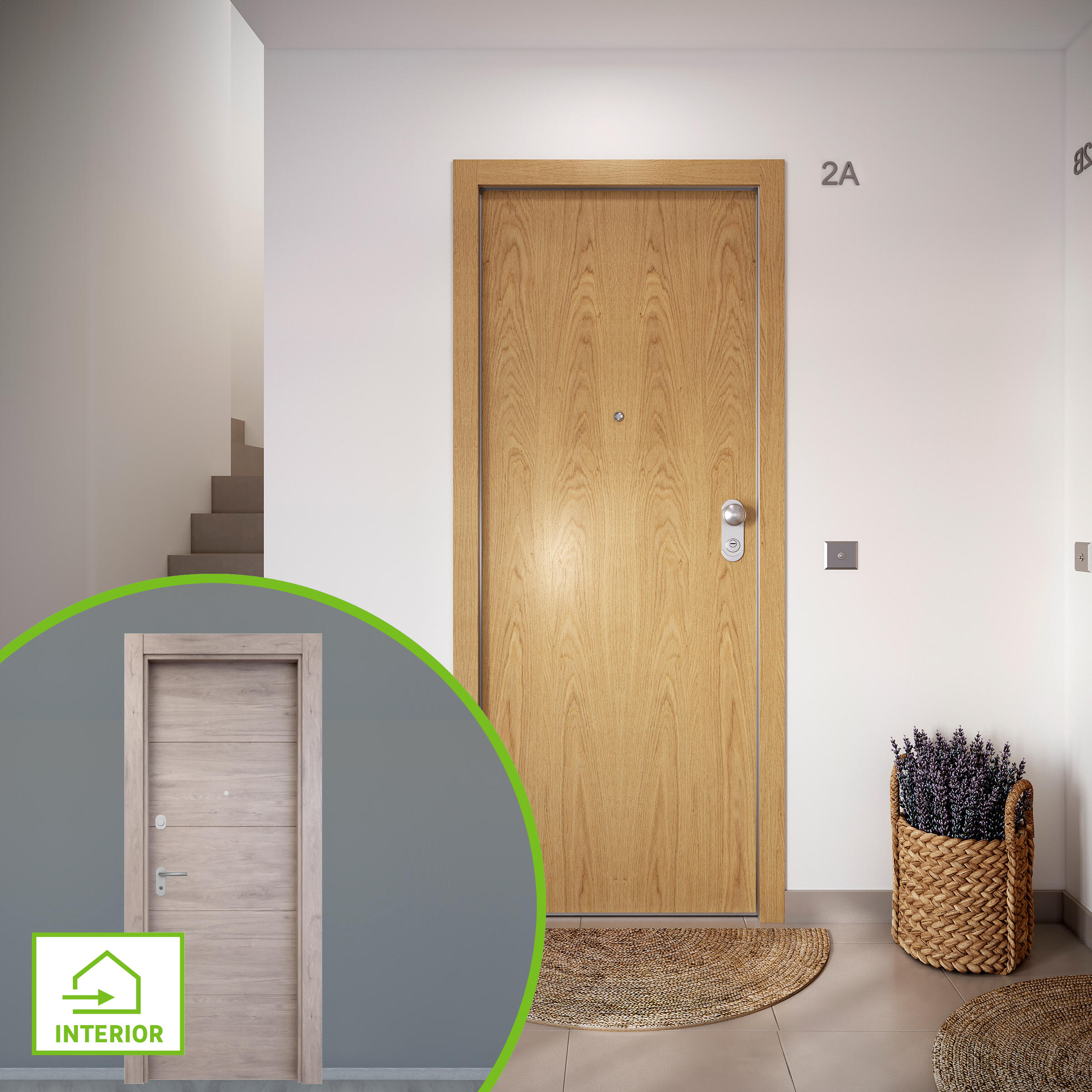 Puerta de entrada acorazada serie omega liso roble / interior berna fresada roble gris apertura izquierda 204x84cm