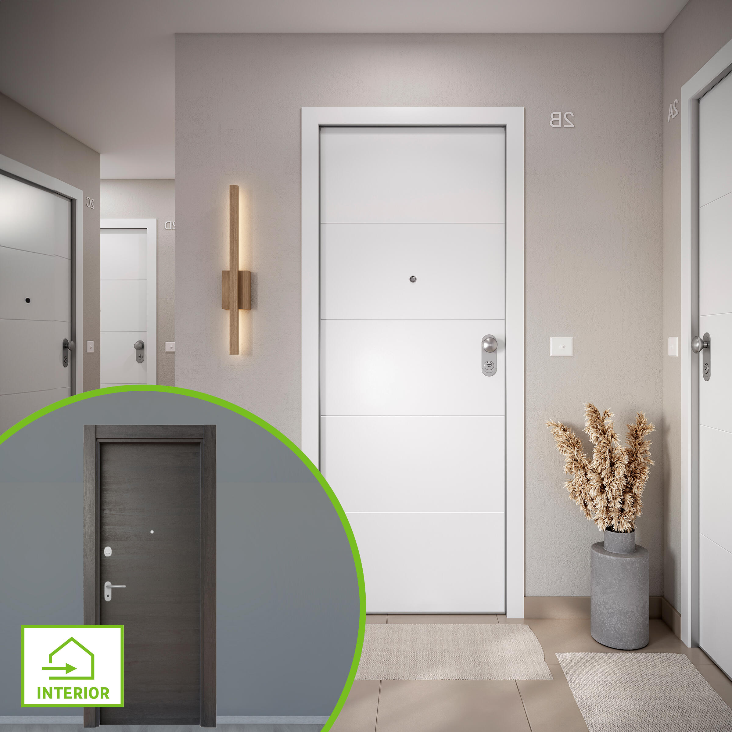 Puerta de entrada acorazada serie omega fresada blanco / interior oslo azabache liso wengué apertura izquierda 204x84cm