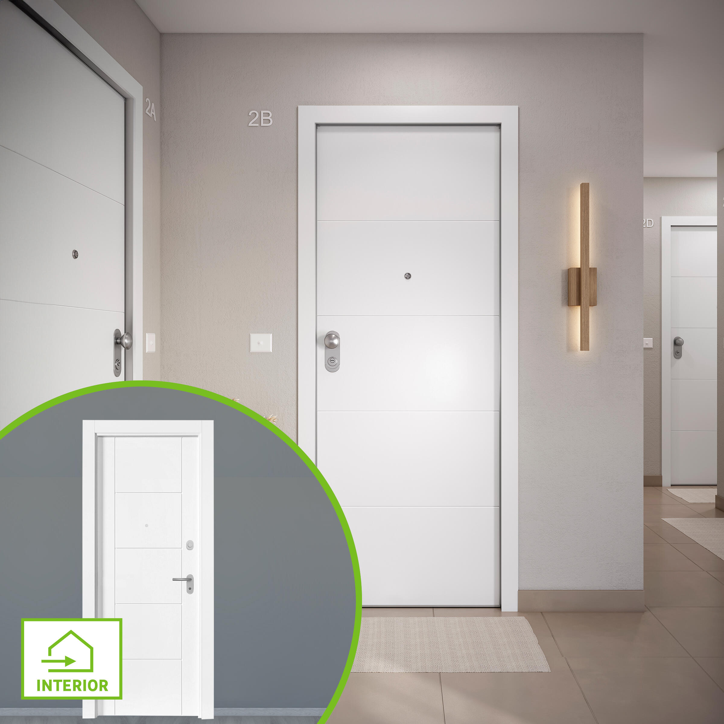 Puerta de entrada acorazada serie omega fresada blanco / interior noruega fresada blanco apertura derecha 204x84cm