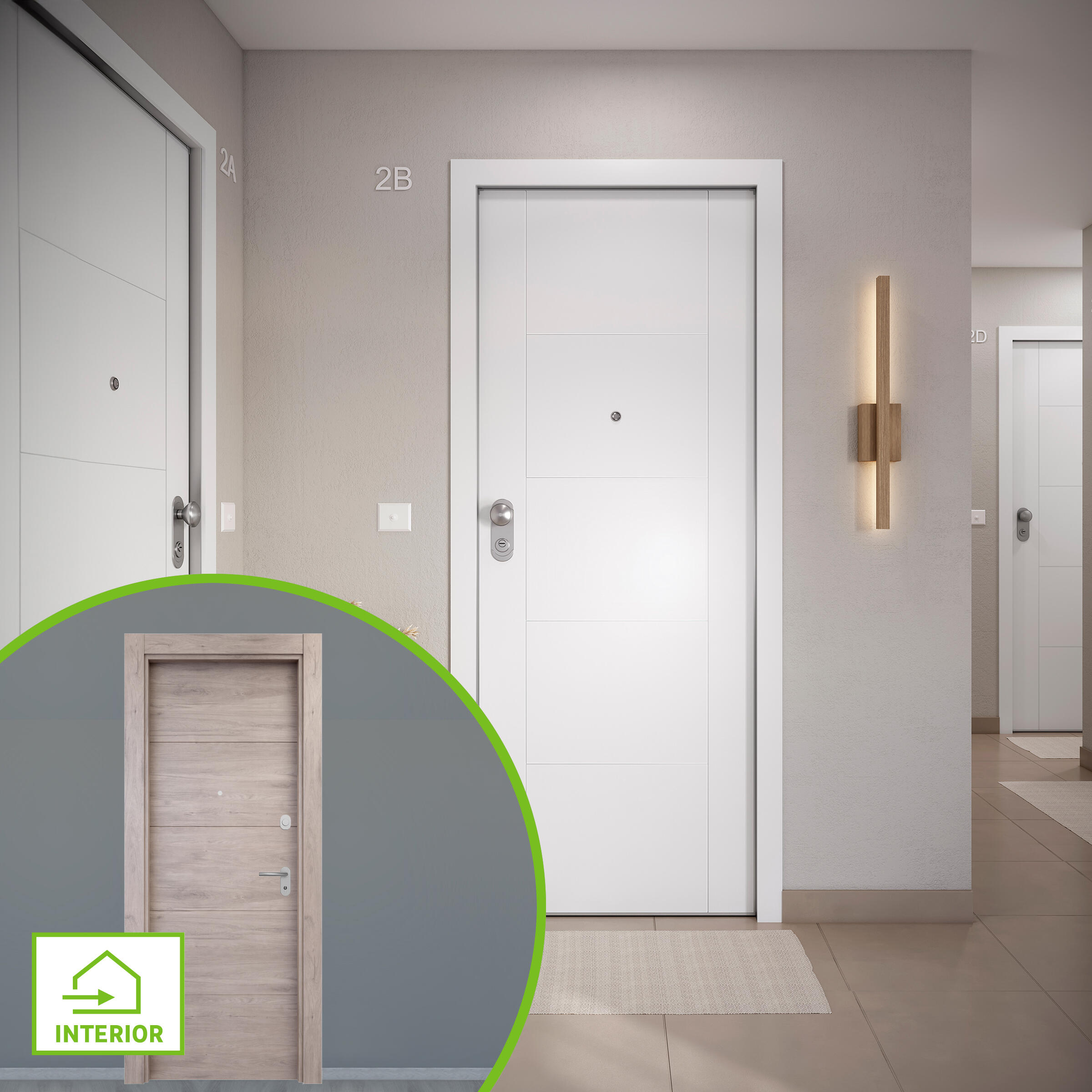 Puerta de entrada acorazada serie omega fresada blanco / interior berna fresada roble gris apertura derecha 204x84cm