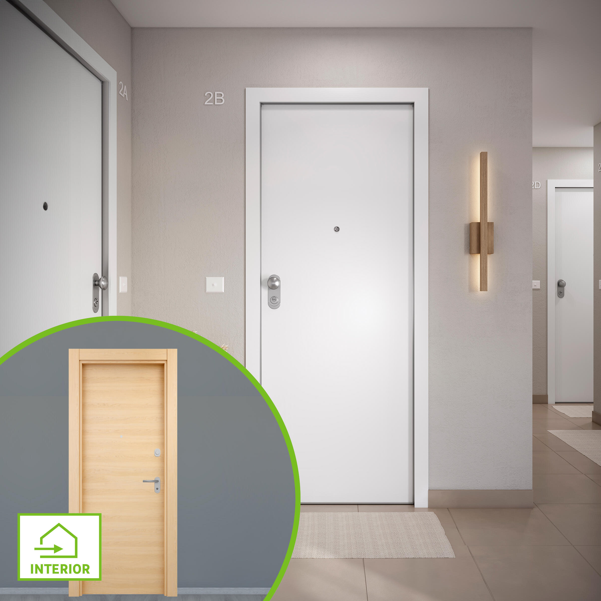 Puerta de entrada acorazada serie omega liso blanco / interior oslo roble miel liso roble claro apertura derecha 204x84cm