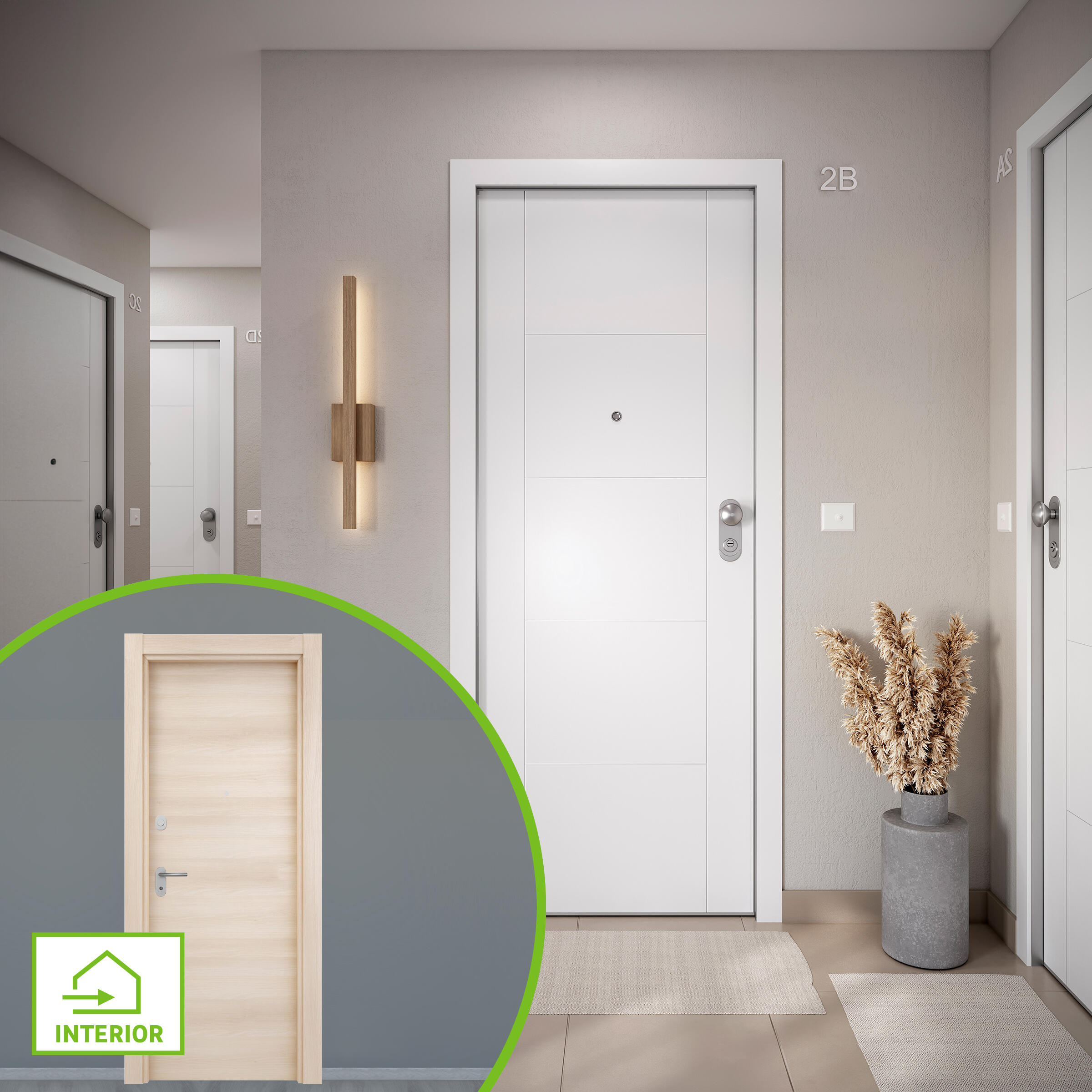 Puerta de entrada acorazada serie omega fresada blanco / interior oslo acacia liso acacia apertura izquierda 204x84cm