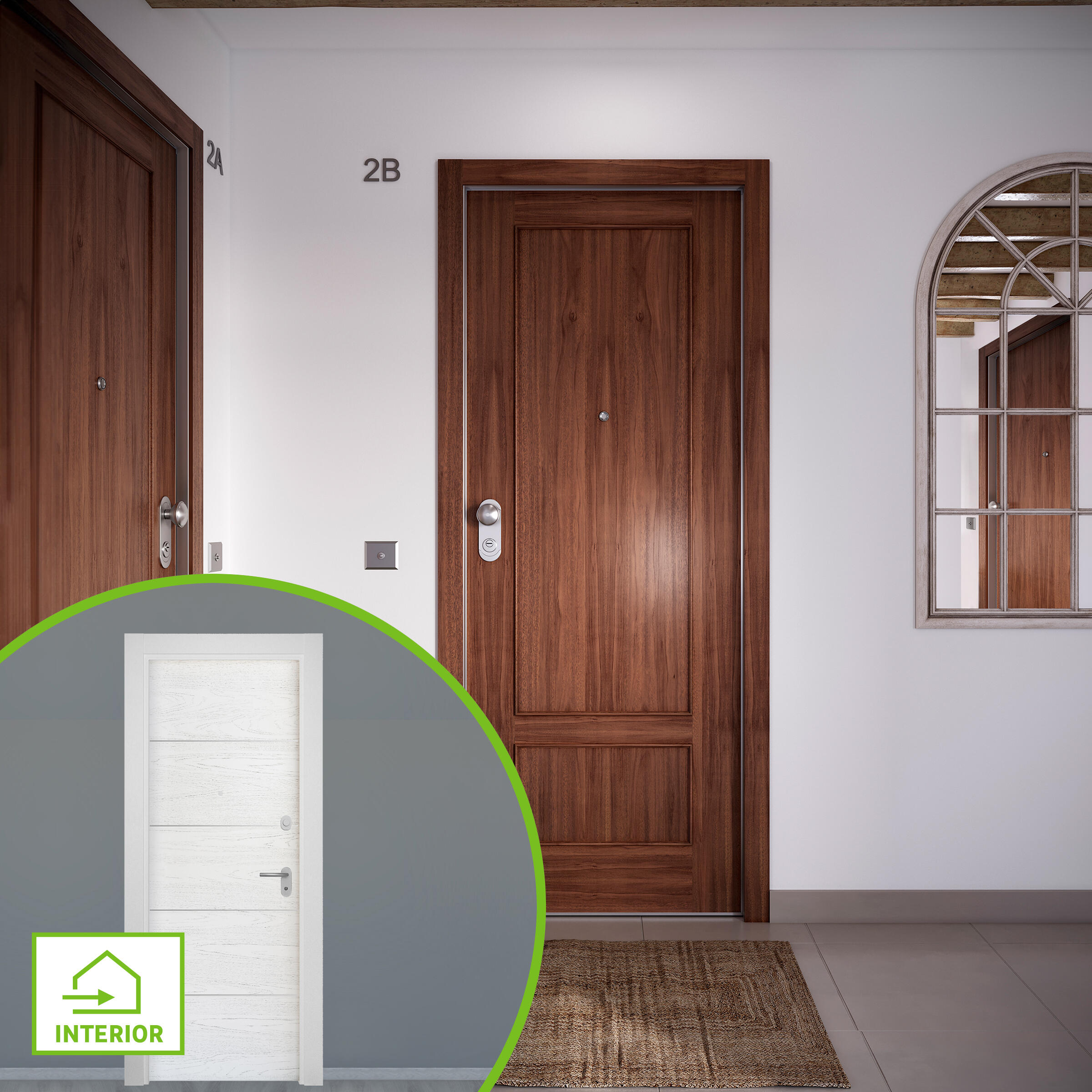 Puerta de entrada acorazada serie omega dos cuadros sapelly / interior lucerna fresada blanco apertura derecha 204x84cm