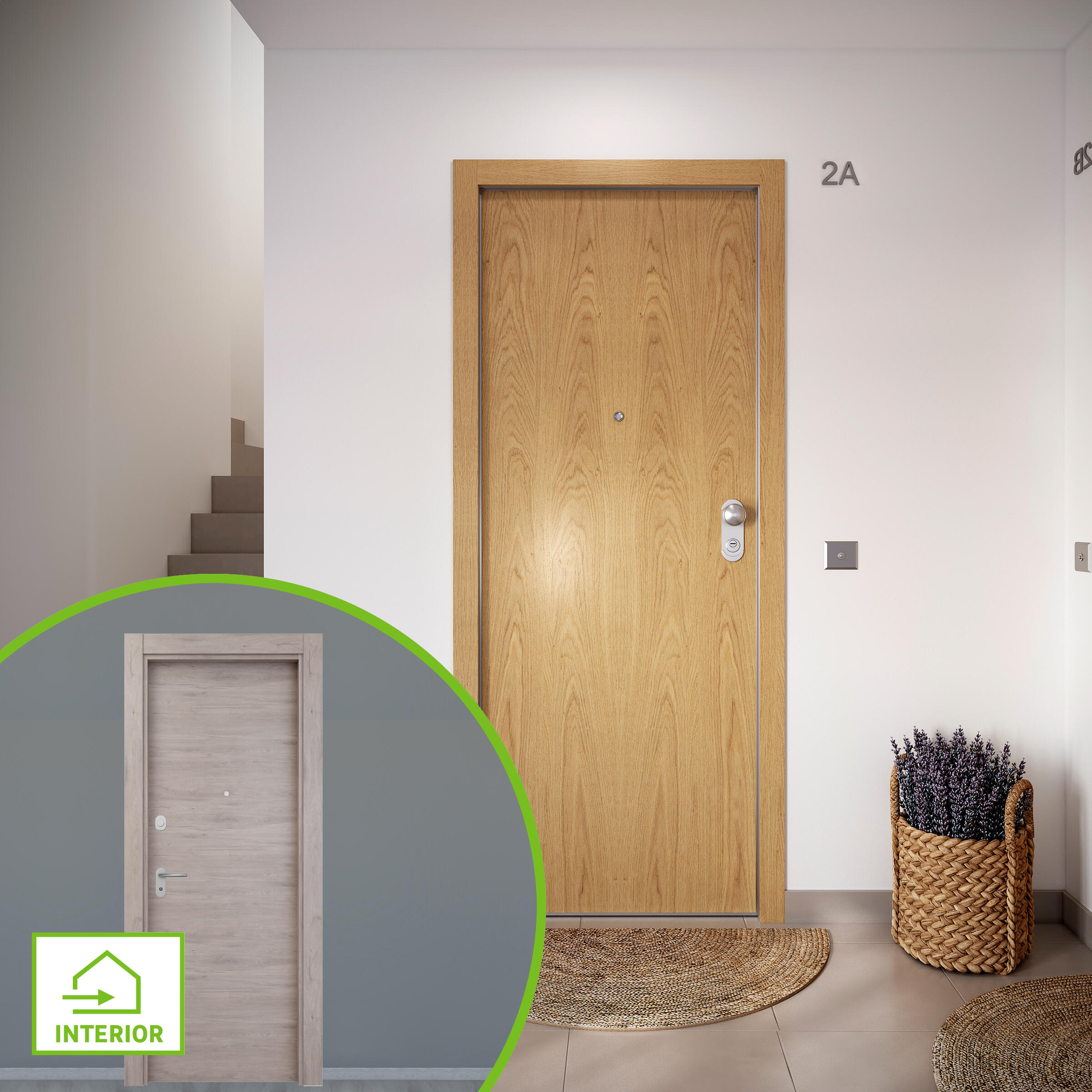 Puerta de entrada acorazada serie omega liso roble / interior oslo liso roble gris apertura izquierda 204x84cm