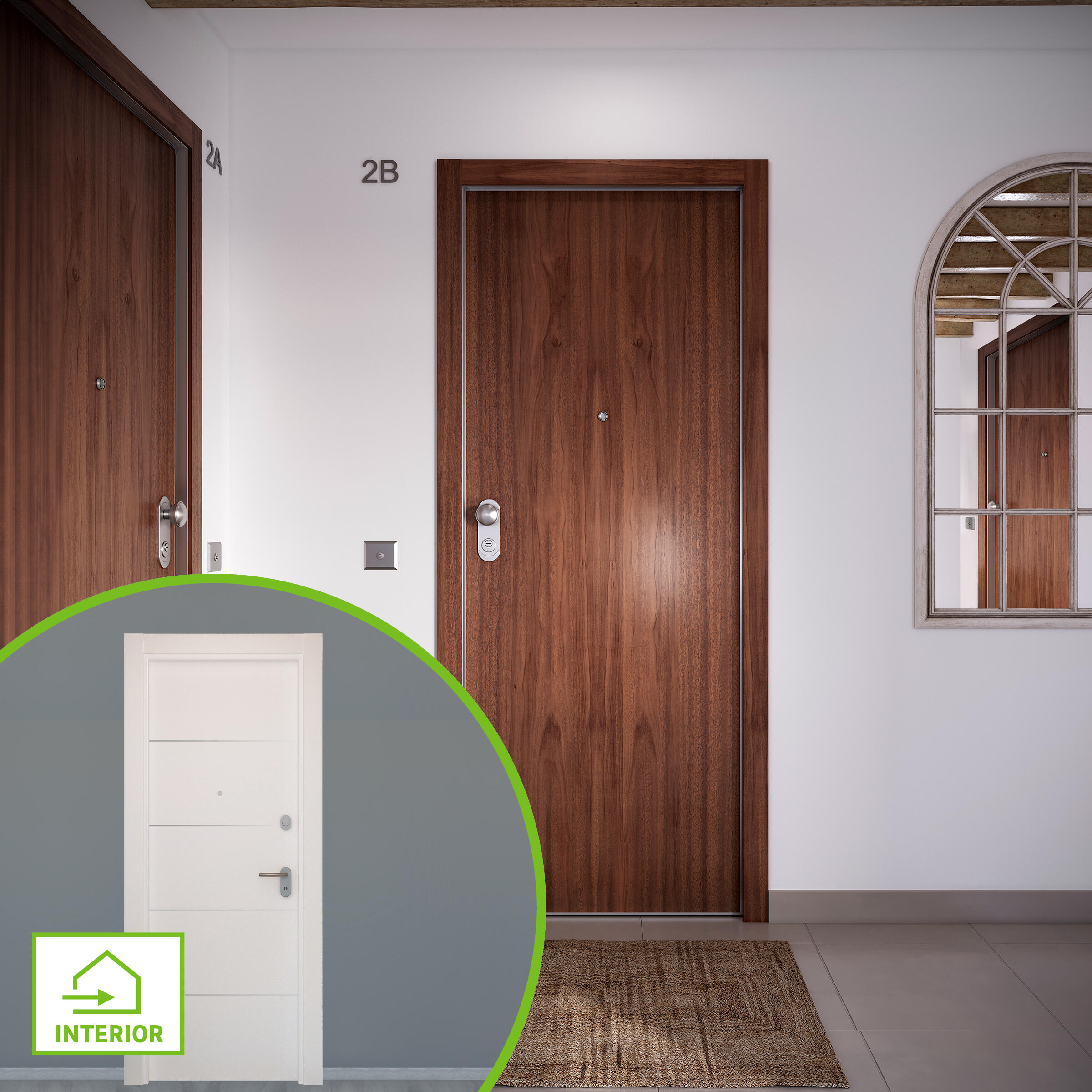 Puerta de entrada acorazada serie omega liso sapelly / interior lucerna fresada blanco apertura derecha 204x84cm