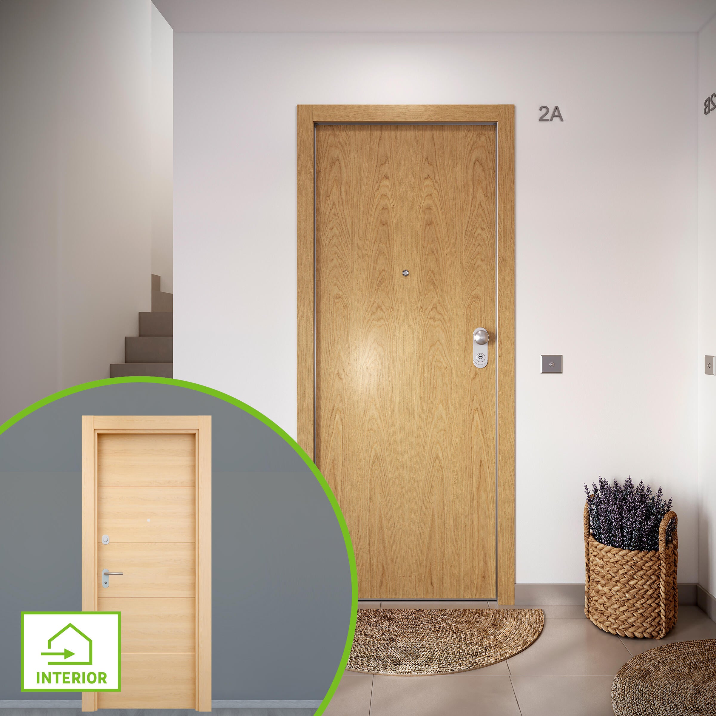 Puerta de entrada acorazada serie omega liso roble / interior berna roble miel fresada roble claro apertura izquierda 204x84cm