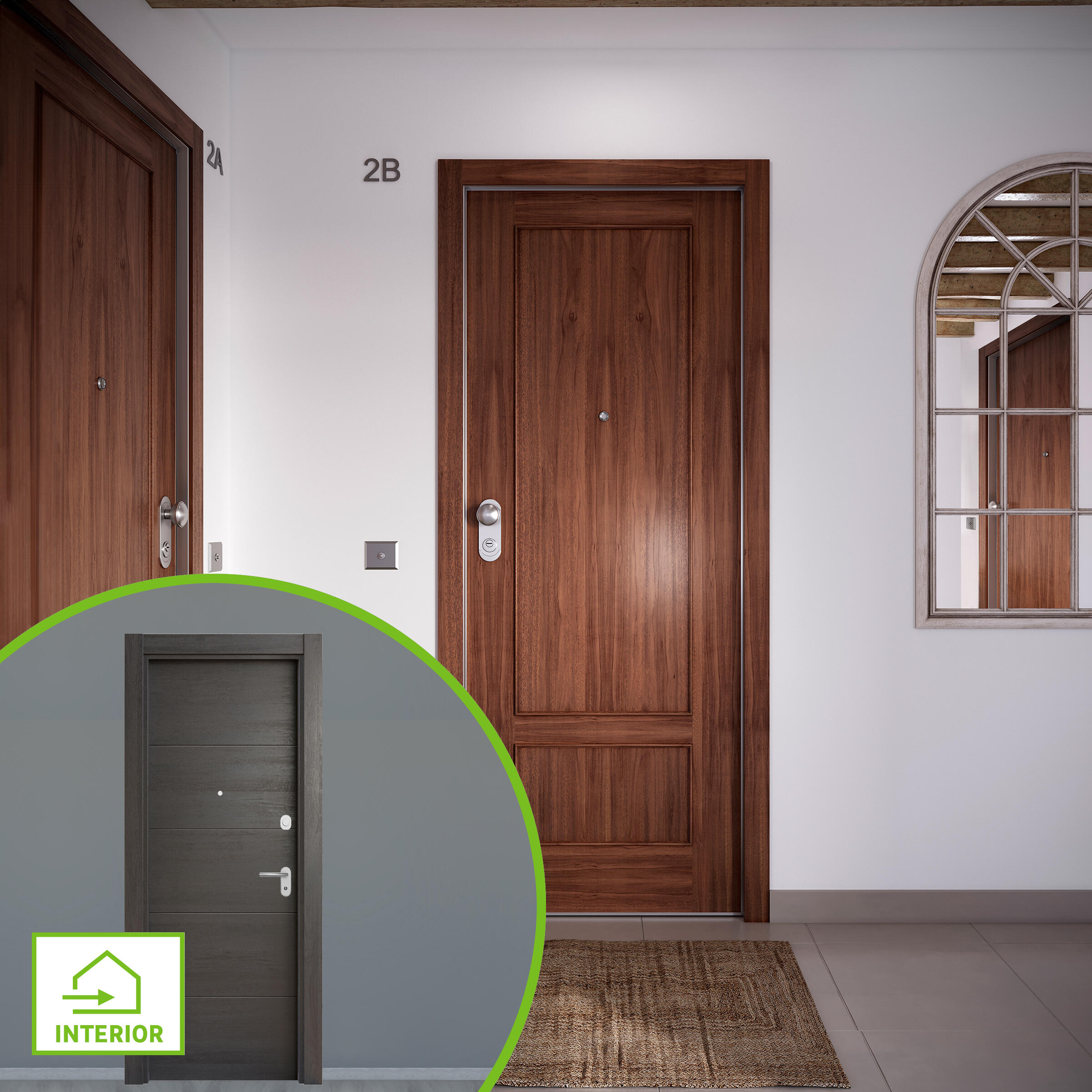 Puerta de entrada acorazada serie omega dos cuadros sapelly / interior berna azabache fresada wengué apertura derecha 204x84cm