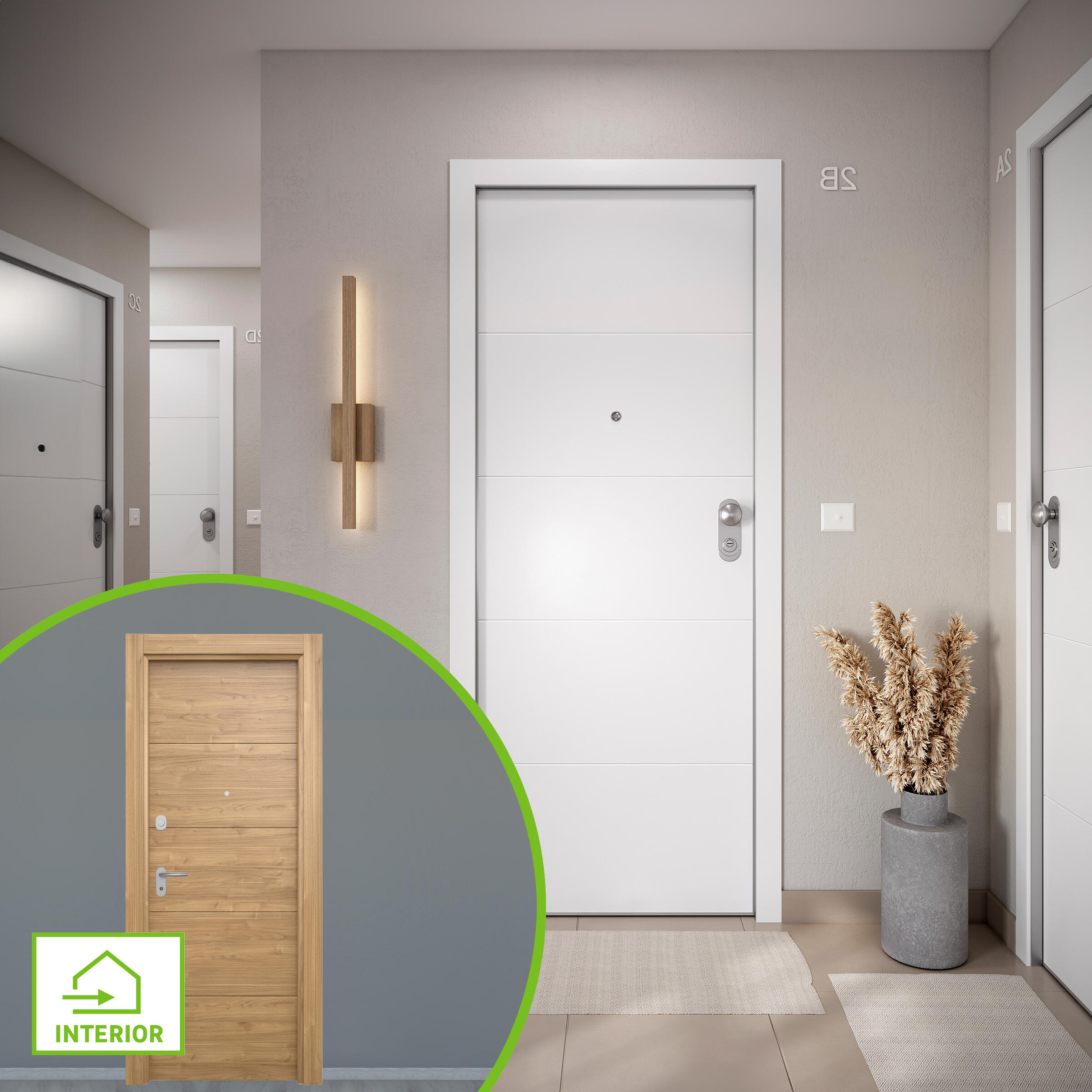 Puerta de entrada acorazada serie omega fresada blanco / interior berna slow fresada nogal apertura izquierda 204x84cm