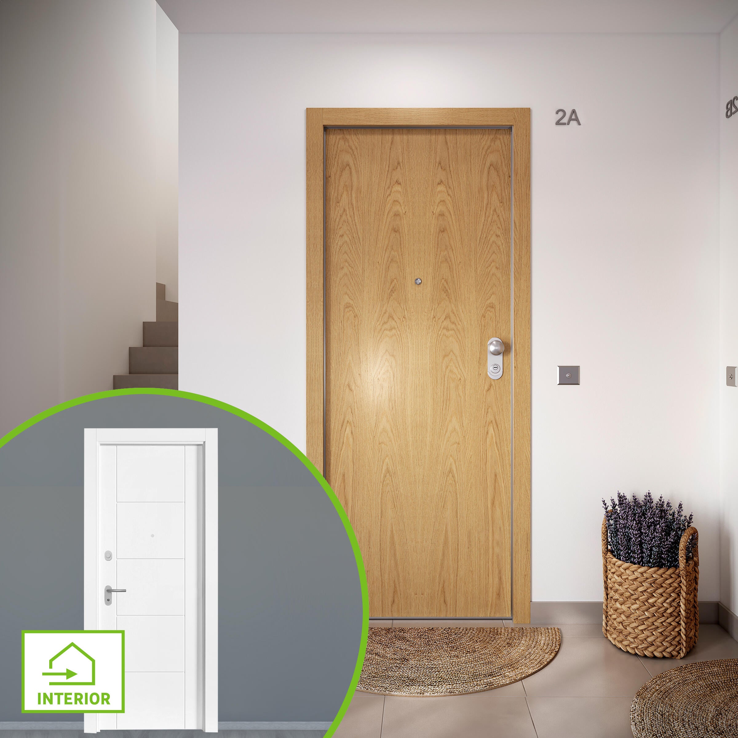 Puerta de entrada acorazada serie omega liso roble / interior noruega fresada blanco apertura izquierda 204x84cm