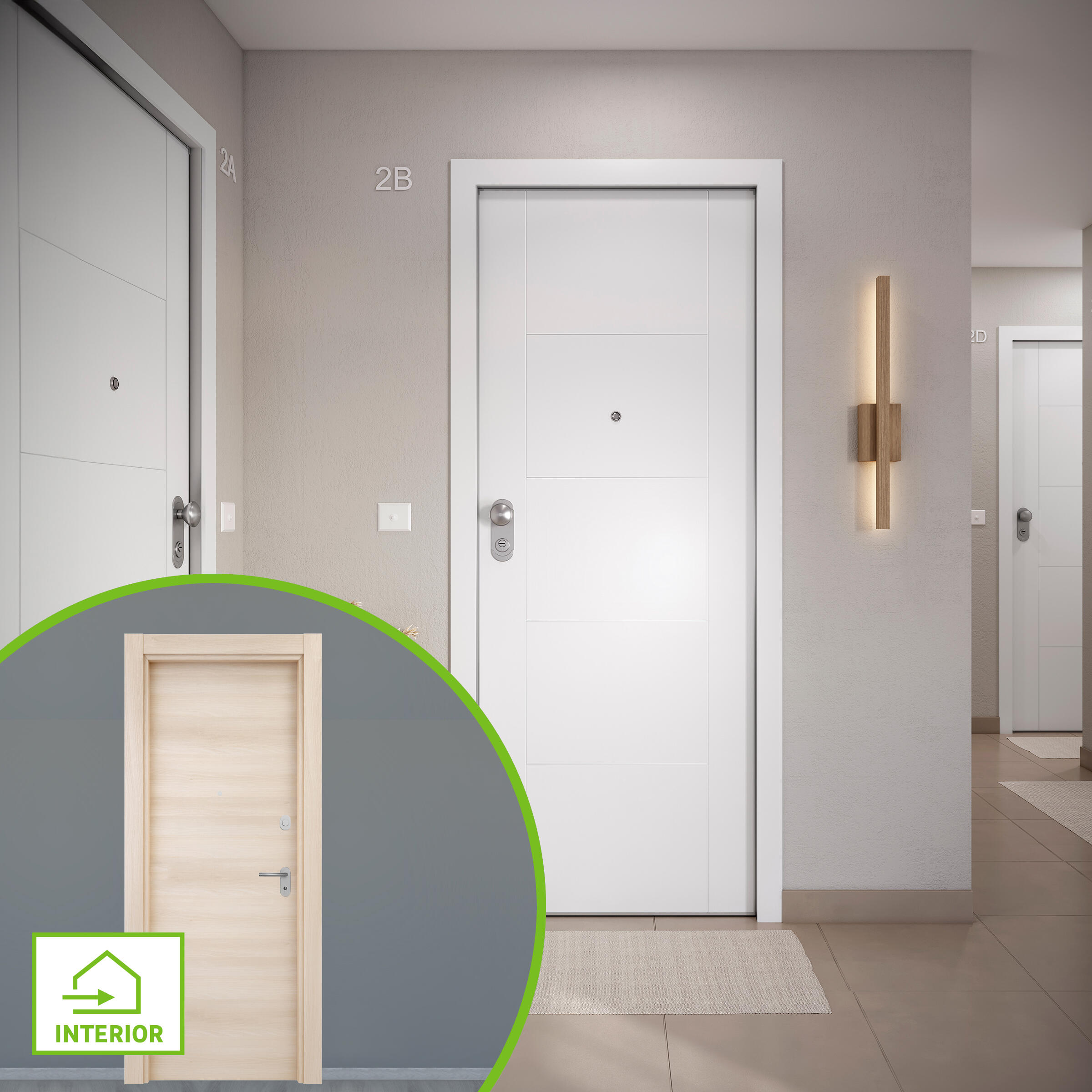 Puerta de entrada acorazada serie omega fresada blanco / interior oslo acacia liso acacia apertura derecha 204x84cm