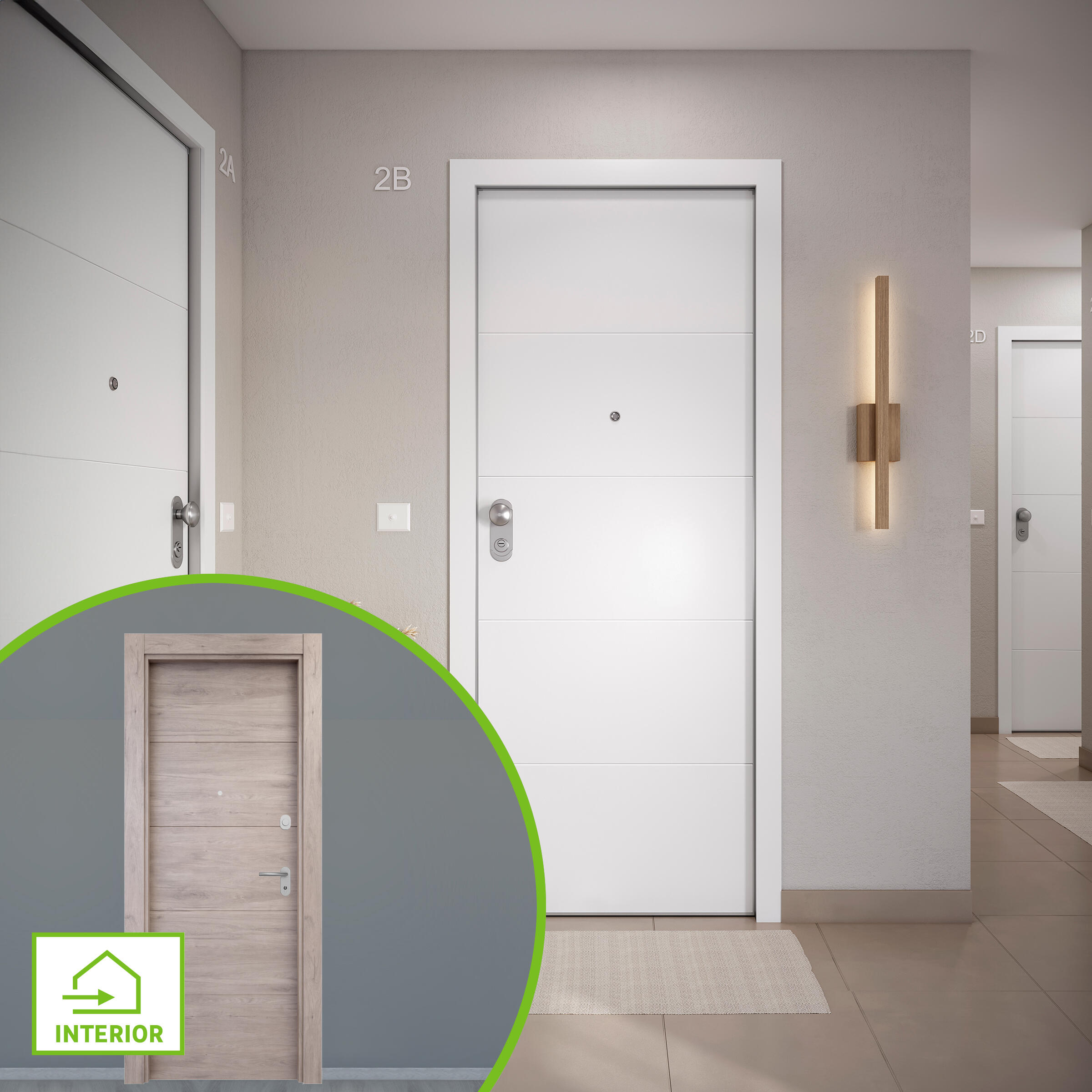 Puerta de entrada acorazada serie omega fresada blanco / interior berna fresada roble gris apertura derecha 204x84cm