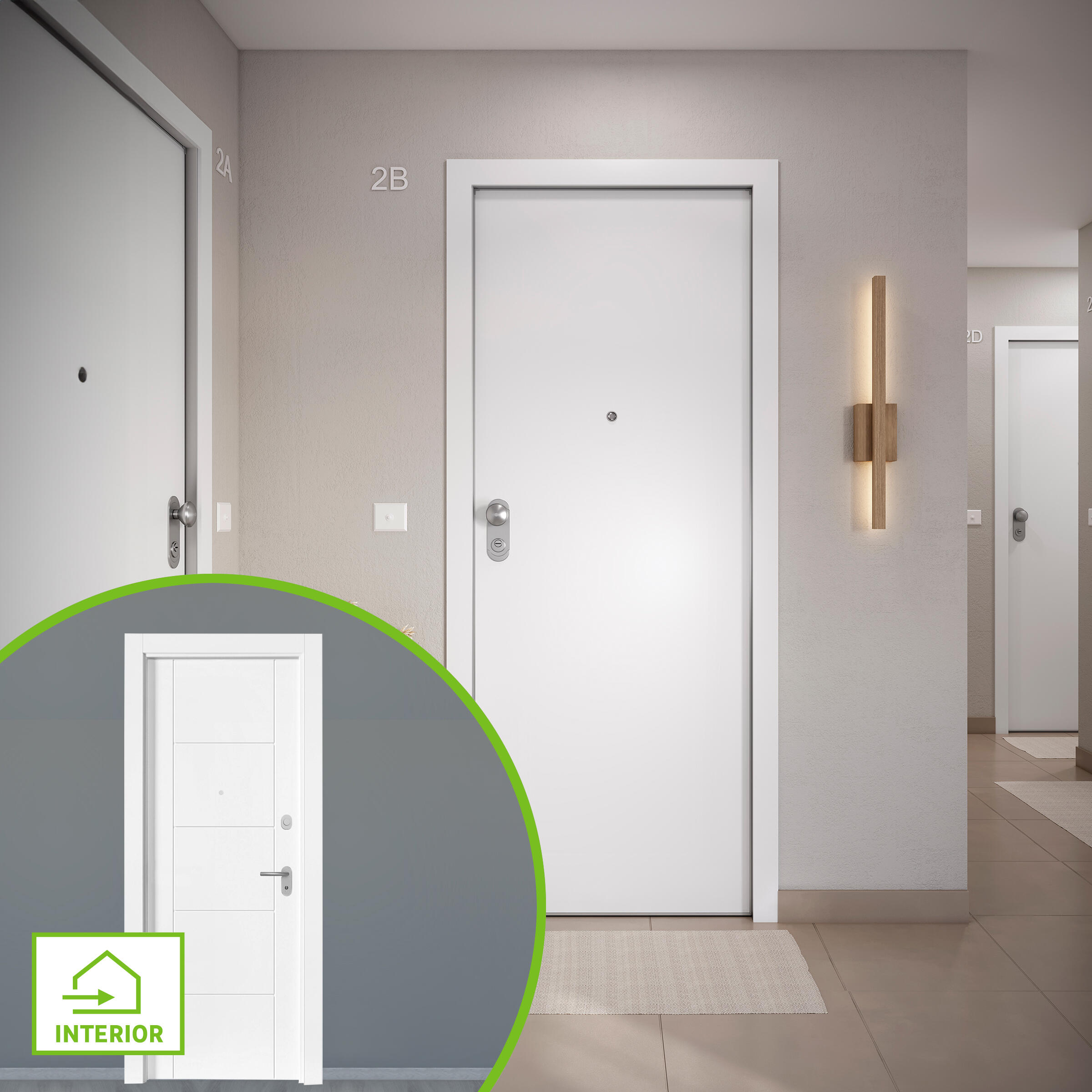 Puerta de entrada acorazada serie omega liso blanco / interior noruega fresada blanco apertura derecha 204x84cm