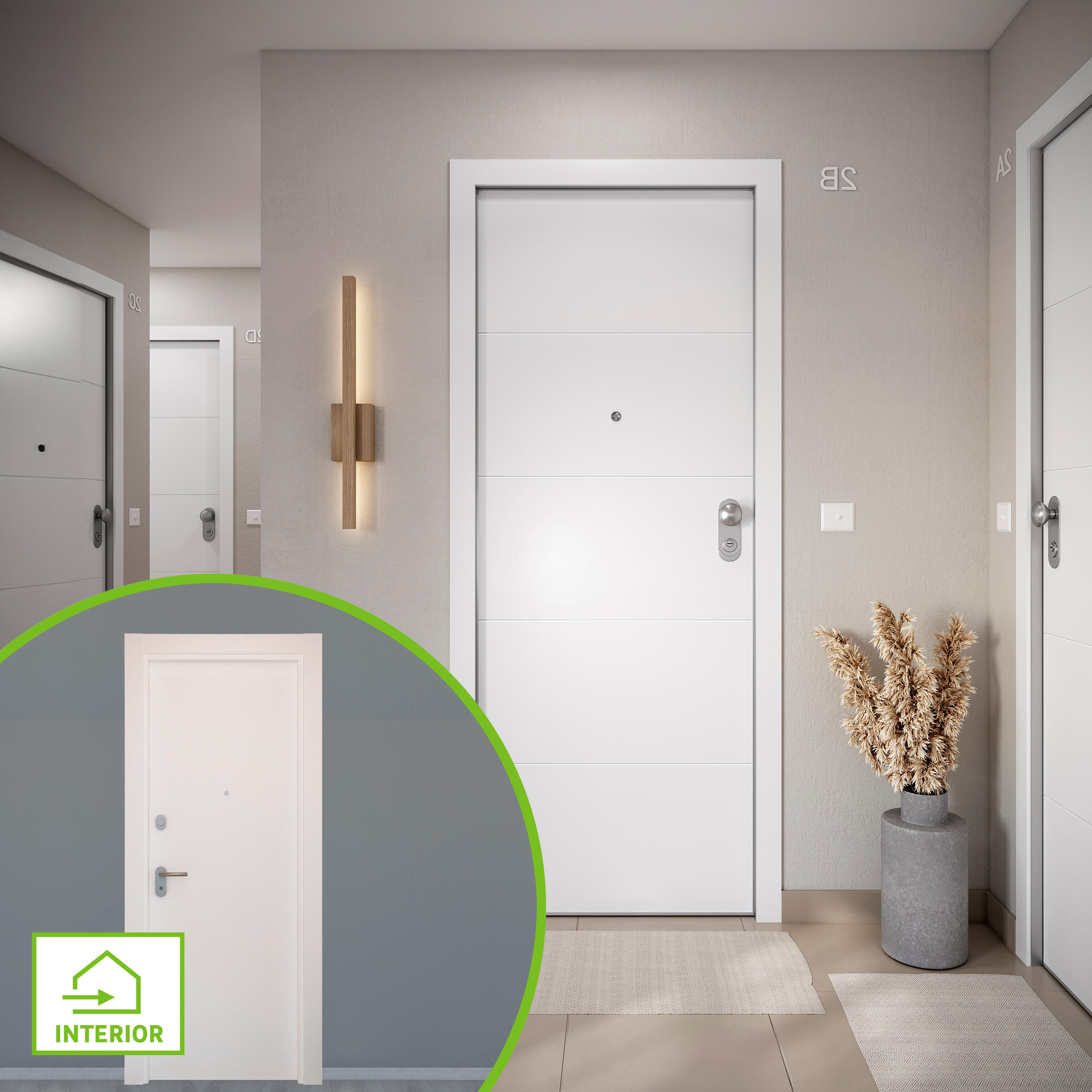 Puerta de entrada acorazada serie Omega fresada blanco / interior liso blanco apertura izquierda 204x84cm - 2