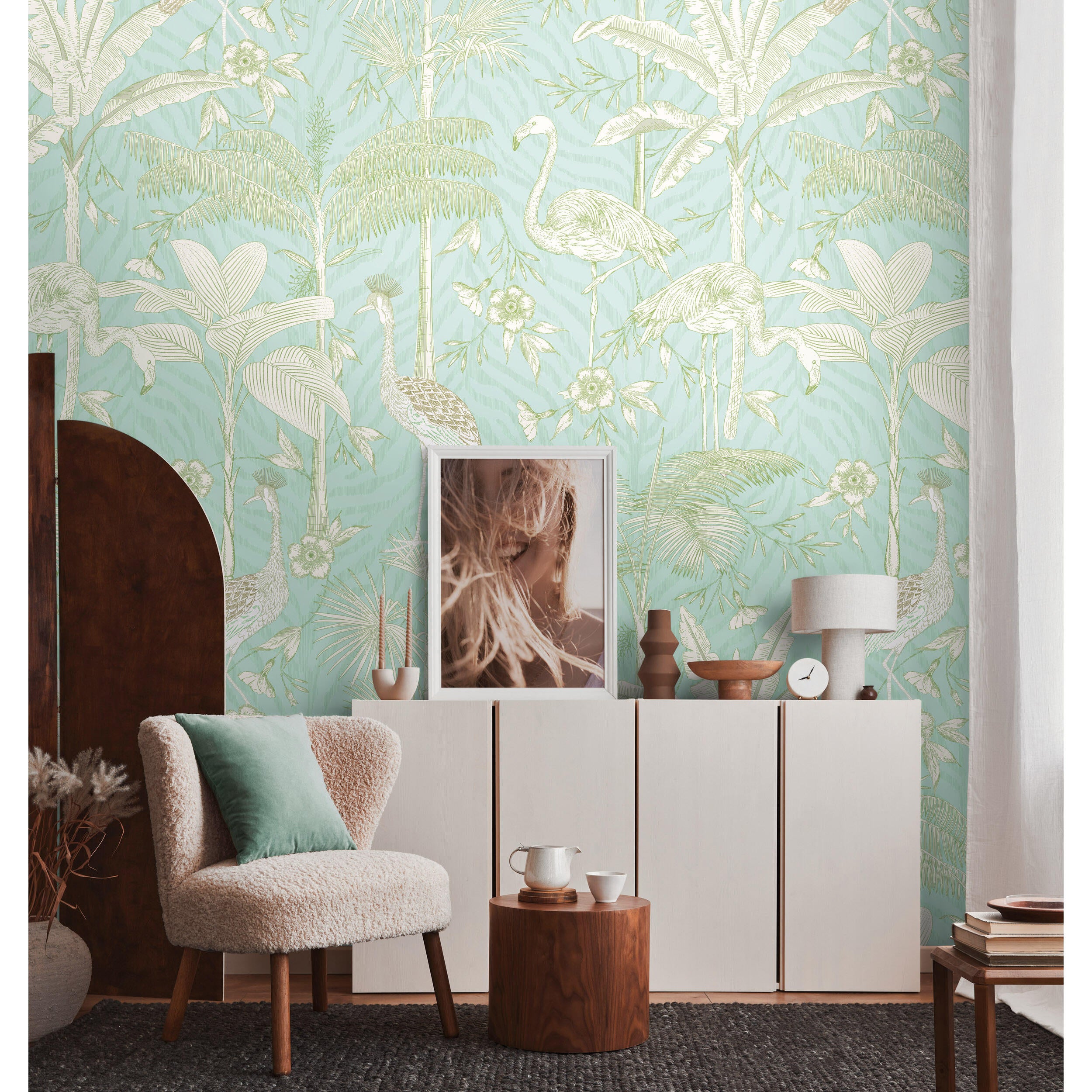 Tapeta panoramiczna The Wall Flamingi zielona 159 x 280 cm